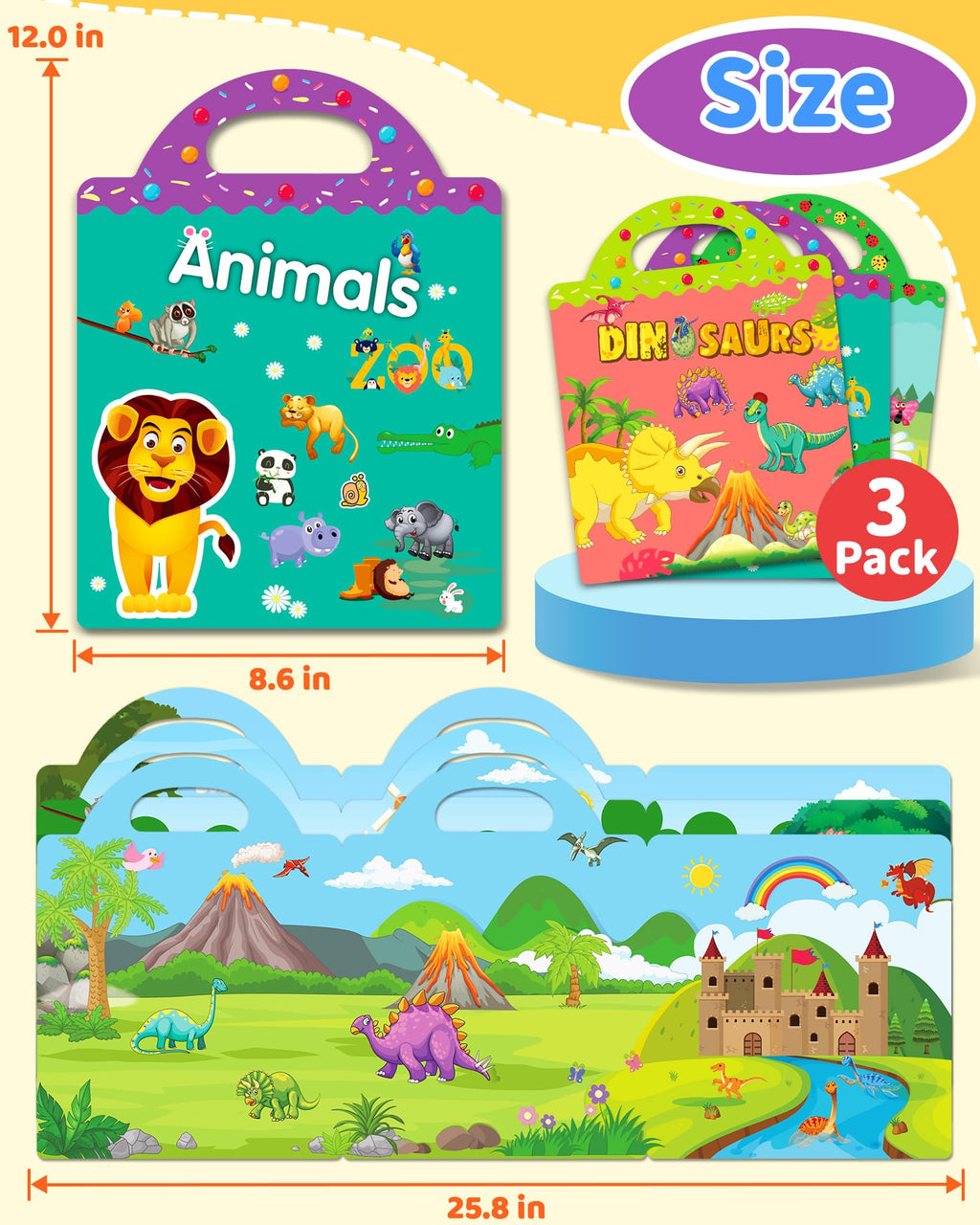 Benresive Reusable Sticker Book for Toddlers, Stickers for Kids, Travel Toys for Arts & Crafts Activities, Birthday Gift for Boys & Girls, Animals Dinosaurs Insects Themes