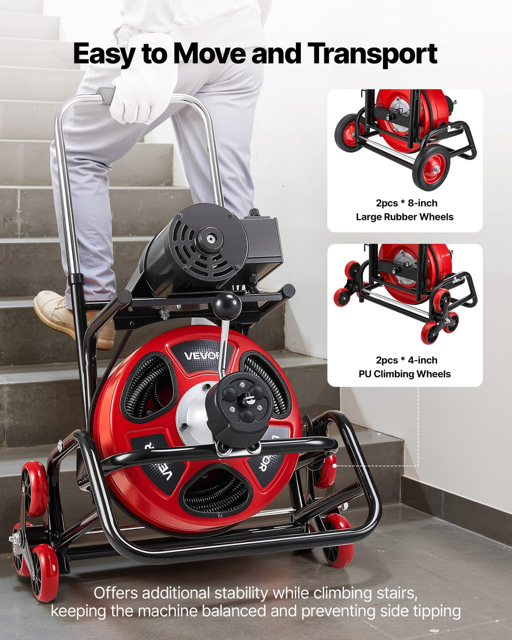 VEVOR 50FT x 1/2Inch Sewer Snake Machine, Drain Cleaning Machine on 4 Wheels, Electri Drain Auger with 4 Cutters & Foot Switch for 1''- 4'' Pipes