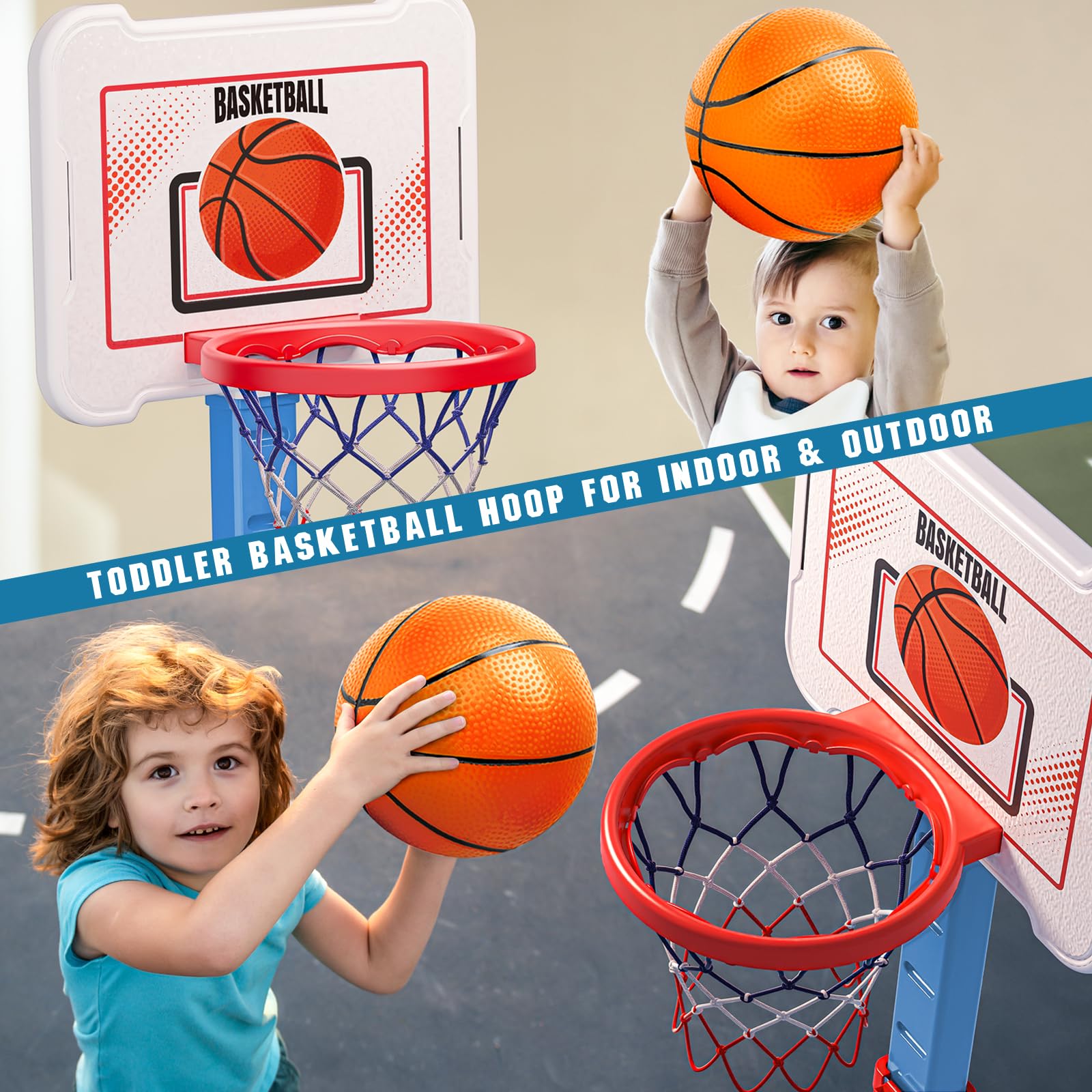 Toddler Basketball Hoop Indoor for Age 1-3, Height Adjustable Poolside Basketball Hoop with 3 Balls for Outdoor Game, Basketball Goal Sport Toys Birthday for Boys Girls 1 2 3 Year
