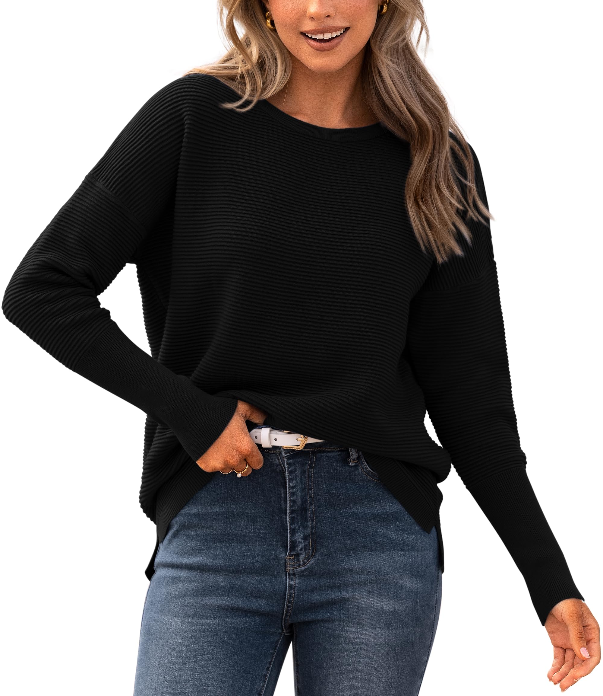 BTFBM Fall Sweaters for Women 2026 Casual Long Sleeve Sweater Striped Loose Fit Pullover Tops