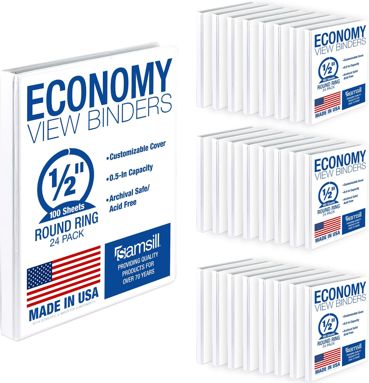 Samsill 1 Inch 3 Ring Binders, Economy Round Ring, Clear View Cover, 200 Sheet Capacity - for School, Home, Office - Blue, 4 Pack