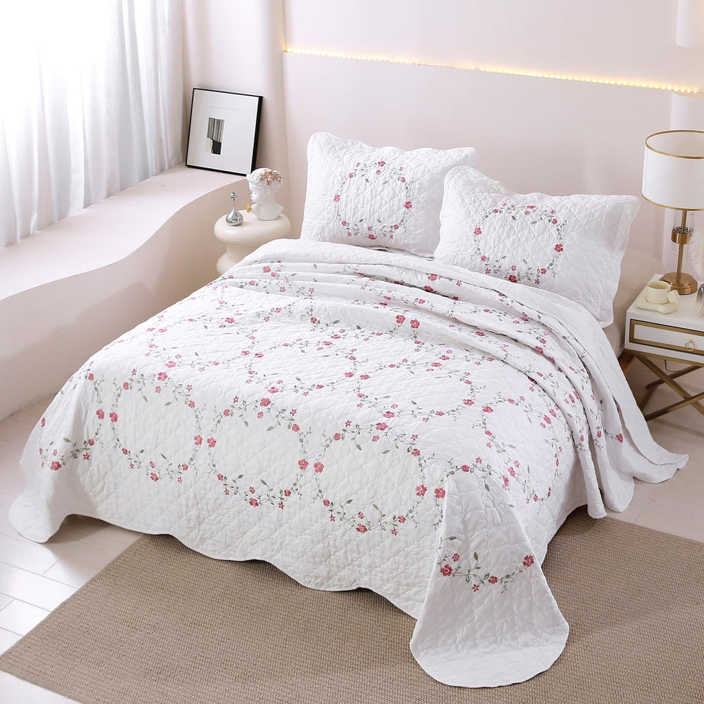 vctops 3-Piece Floral Embroidered Bedspread Coverlet Set Twin Size 100% Cotton Reversible Patchwork 1 Quilt and 2 Pillow Shams (Flower,Twin)