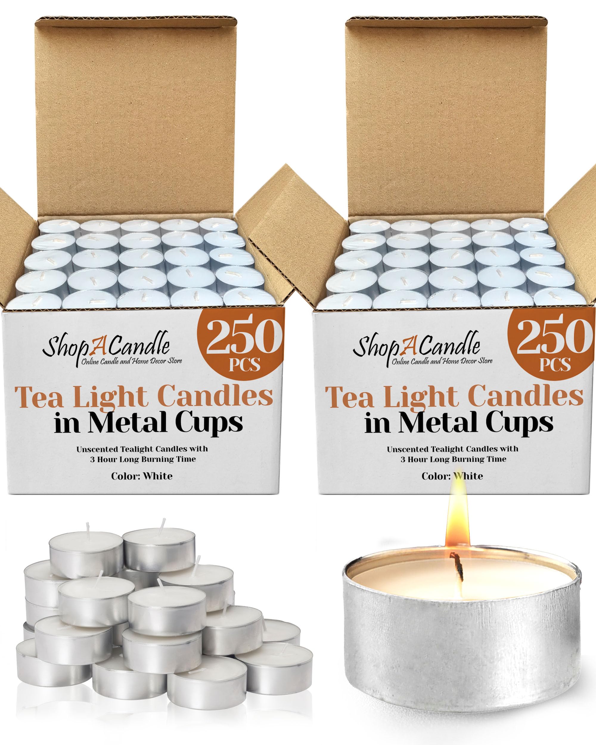250 Pack Tealight Candles in Metal Cups - Clean, White Unscented Tealight with 3 Hour Long Burning Time - Votive Candles Bulk for Romantic Dinner, Weddings, Spa & Hotels