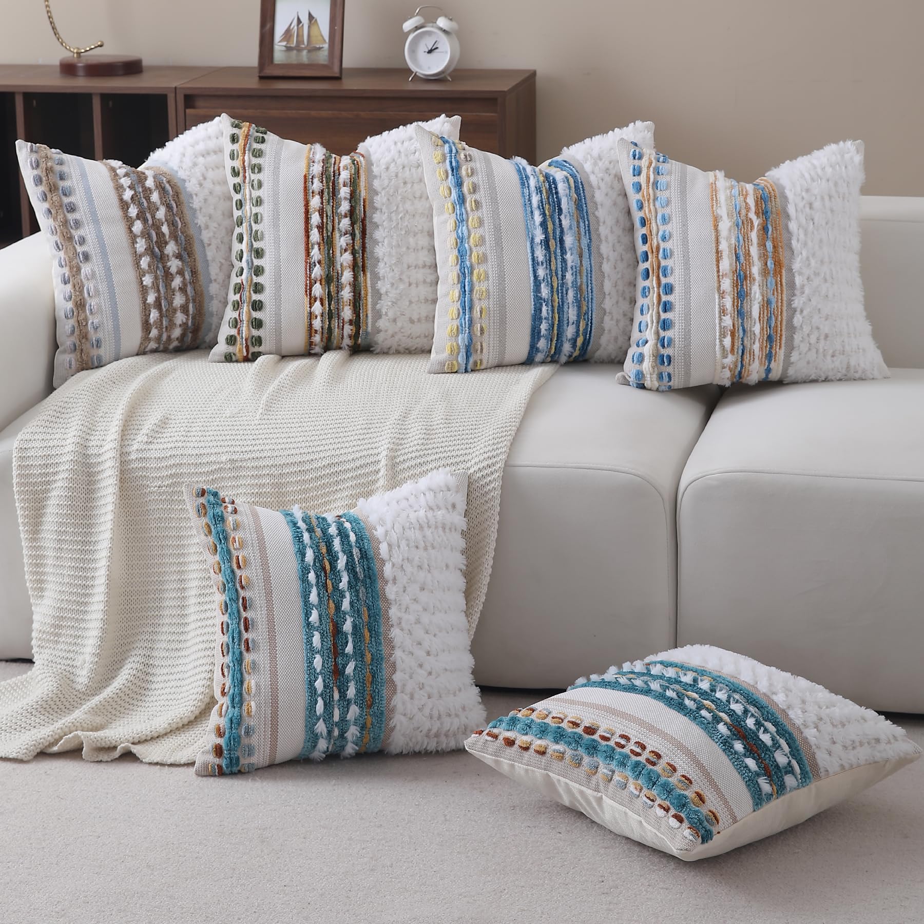 Boho Pillow Covers 18x18 Set of 2 for Couch-Modern Farmhouse Sofa Decorative Throw Pillow Covers Textured Chenille Cushion Covers Outdoor Netural Bohemian Pillow Cases Square