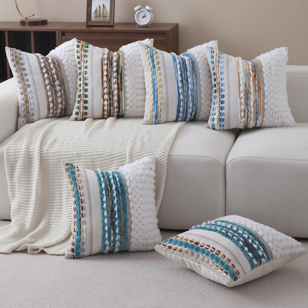 Boho Pillow Covers 18x18 Set of 2 for Couch-Modern Farmhouse Sofa Decorative Throw Pillow Covers Textured Chenille Cushion Covers Outdoor Netural Bohemian Pillow Cases Square