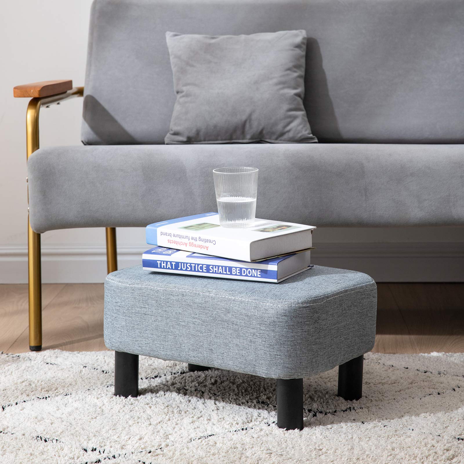 IBUYKE 16.54" Small Footstool, PU Faux Leather Step Stool, with Padded Seat Pine Wood Legs and Padded Rectangular Stool, for Bedroom, Black RF-BD210