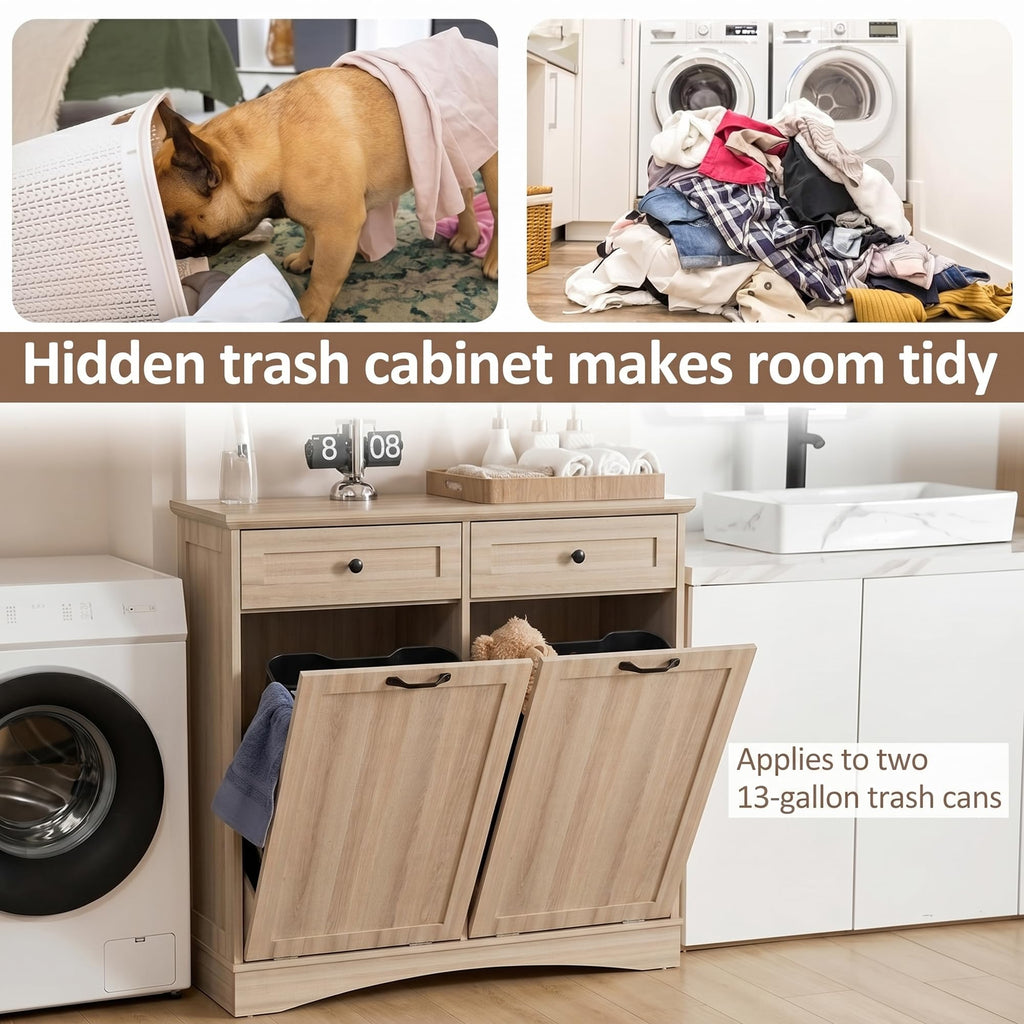 AHB Double Tilt Out Trash Can Cabinet Freestanding Kitchen Trash Can, 2x13 Gallons Hidden Garbage Recycling Cabinet with Hideaway Drawers Pet Proof Trash Can Holder for Kitchen, Antique White