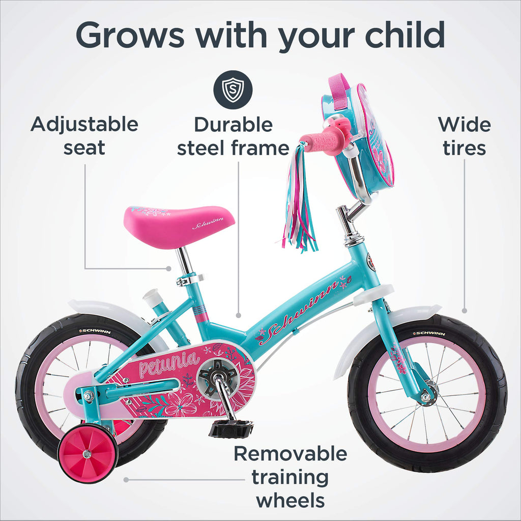 Schwinn Petunia and Grit Bike, Bike for Kids Ages 2-4, Steerable Beginner Bicycle with Training Wheels, Parent Push Handle, Rear Coaster Brake, Adjustable Seat