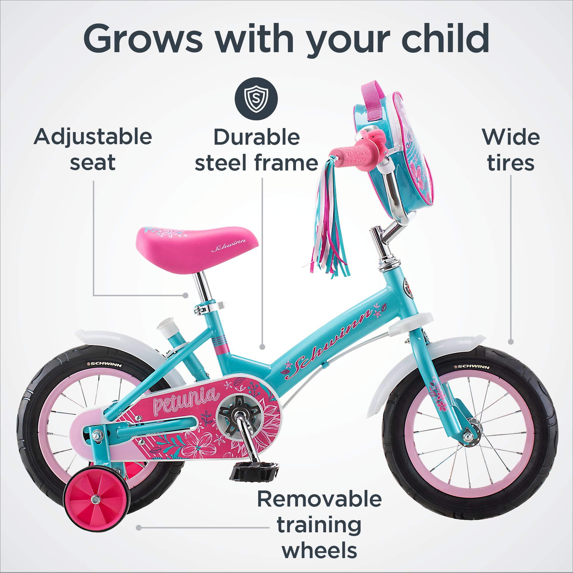 Schwinn Petunia and Grit Bike, Bike for Kids Ages 2-4, Steerable Beginner Bicycle with Training Wheels, Parent Push Handle, Rear Coaster Brake, Adjustable Seat