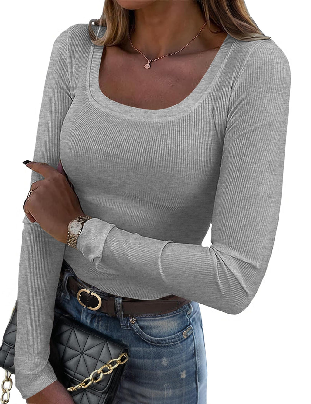 Zeagoo Women's Long Sleeve Scoop Neck Shirts Casual Slim Fit Rib Knit Tops Summer Fall Basic Business Work Tee
