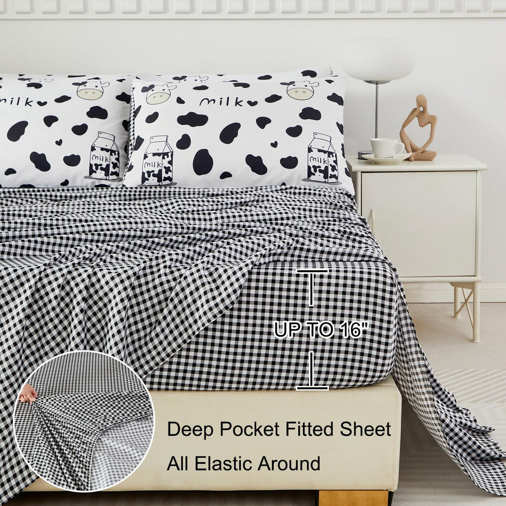 SUCSES Full Size Comforter Set with Sheets 8 Piece Cow Print Bedding Set for Boys Girls Black and White Kids Bed-in-A-Bag Farmhouse Rustic Bed Set for Bedroom (Milk Cow, Full)