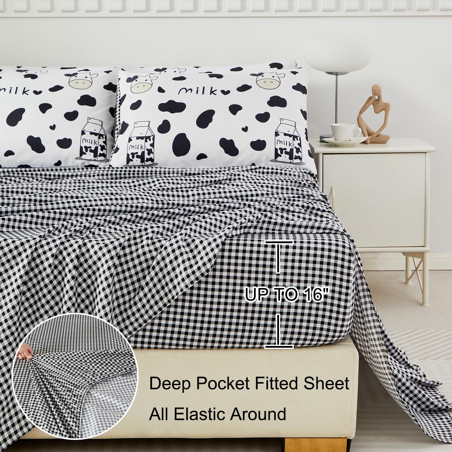 SUCSES Full Size Comforter Set with Sheets 8 Piece Cow Print Bedding Set for Boys Girls Black and White Kids Bed-in-A-Bag Farmhouse Rustic Bed Set for Bedroom (Milk Cow, Full)