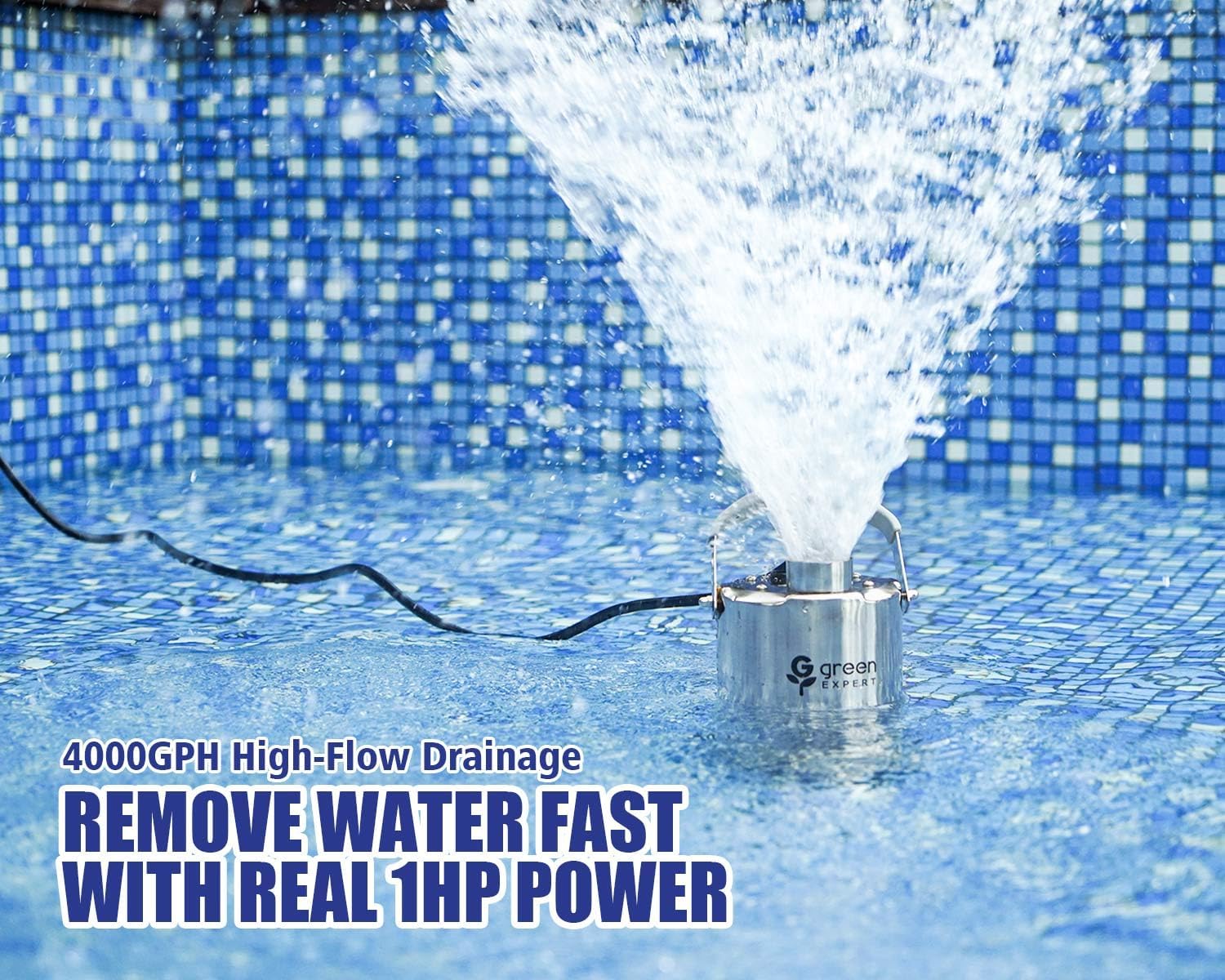 Green Expert 1HP Submersible Sump Pump, 4000GPH Full 304 Stainless Steel Manual Utility Pump with Adapter Kit, Oil-Free Top Discharge Water Removal for Basements, Pools, Hot Tubs & Drainage Pits
