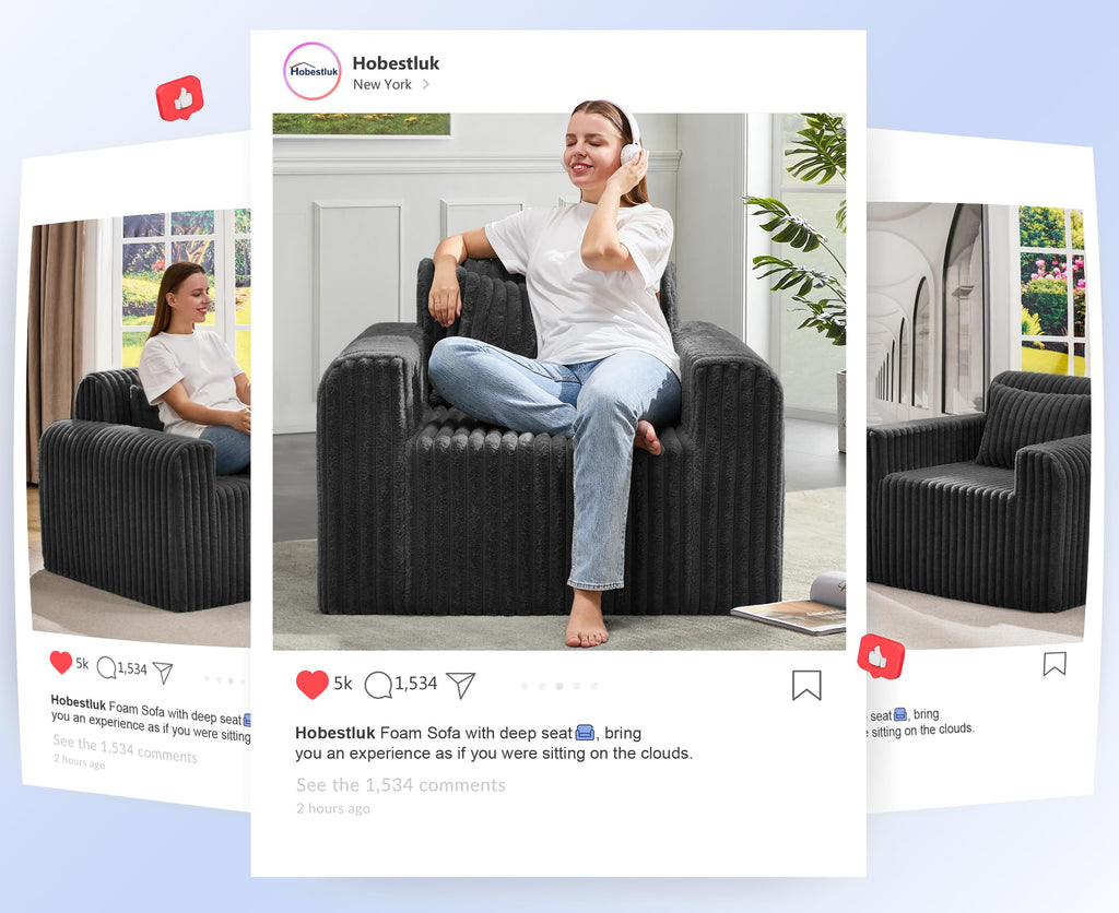 Hobestluk Single Sofa Foam Couch Sofa for Small Spaces Comfy Sofas with Removable Cover Furry Couch with Pillows for Living Room, Bedroom, Apartment, Office (Black, Standard)