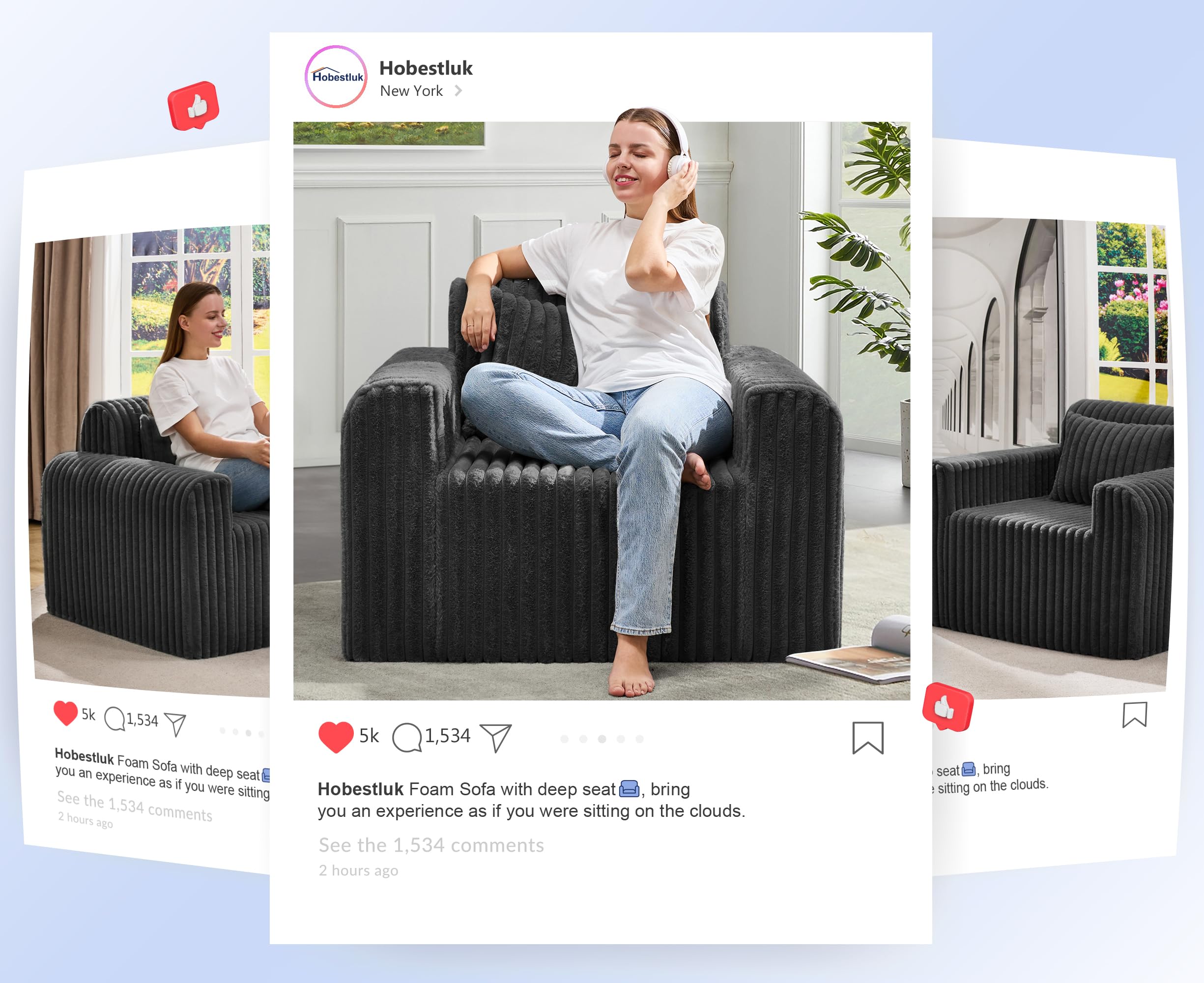Hobestluk Single Sofa Foam Couch Sofa for Small Spaces Comfy Sofas with Removable Cover Furry Couch with Pillows for Living Room, Bedroom, Apartment, Office (Black, Standard)