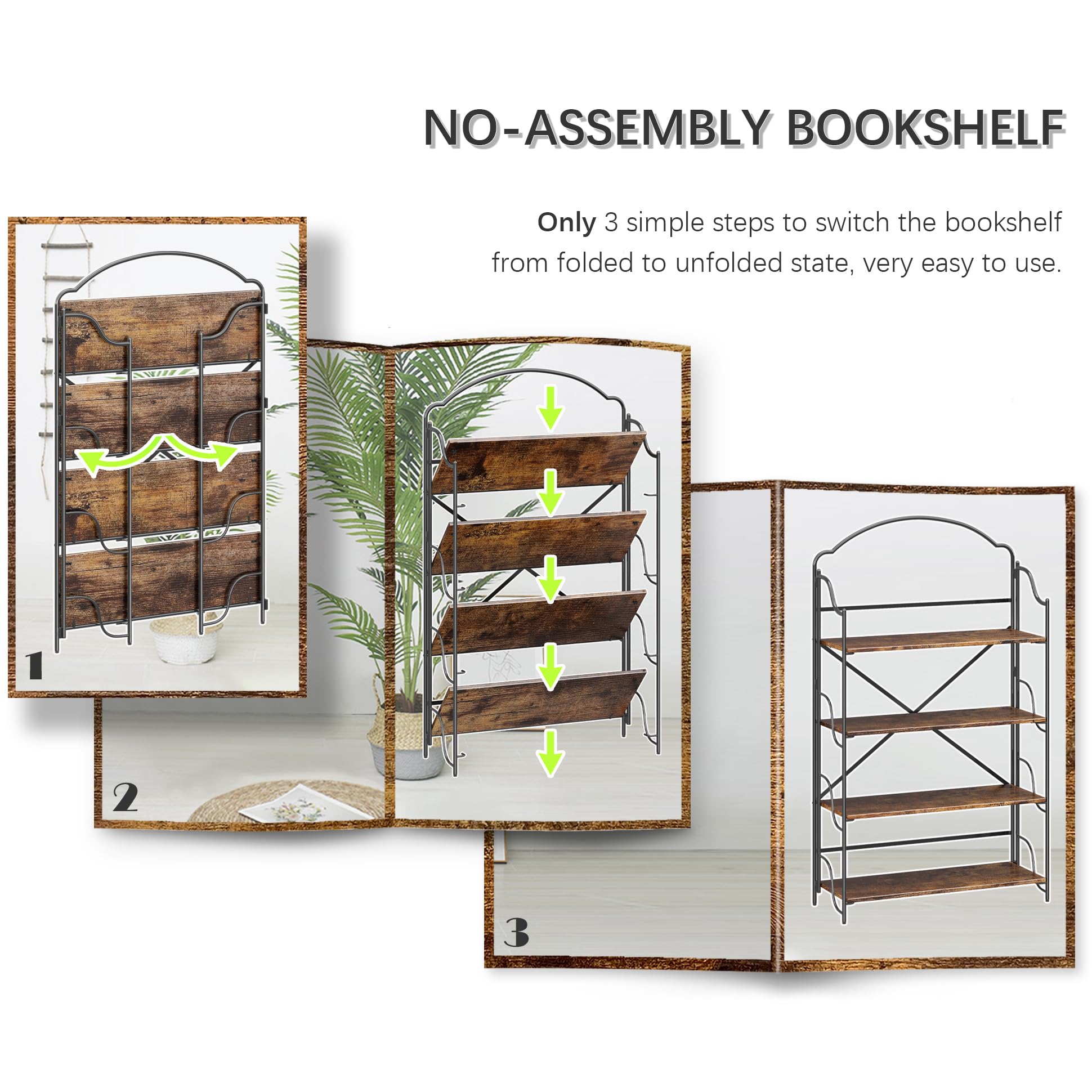 4NM No Assembly Folding Bookshelf, 3 Tiers Collapsible Book Shelves Open Industrial Foldable Storage Bookcase Shelf for Bedroom, Living Room, Home Office - Natural and White