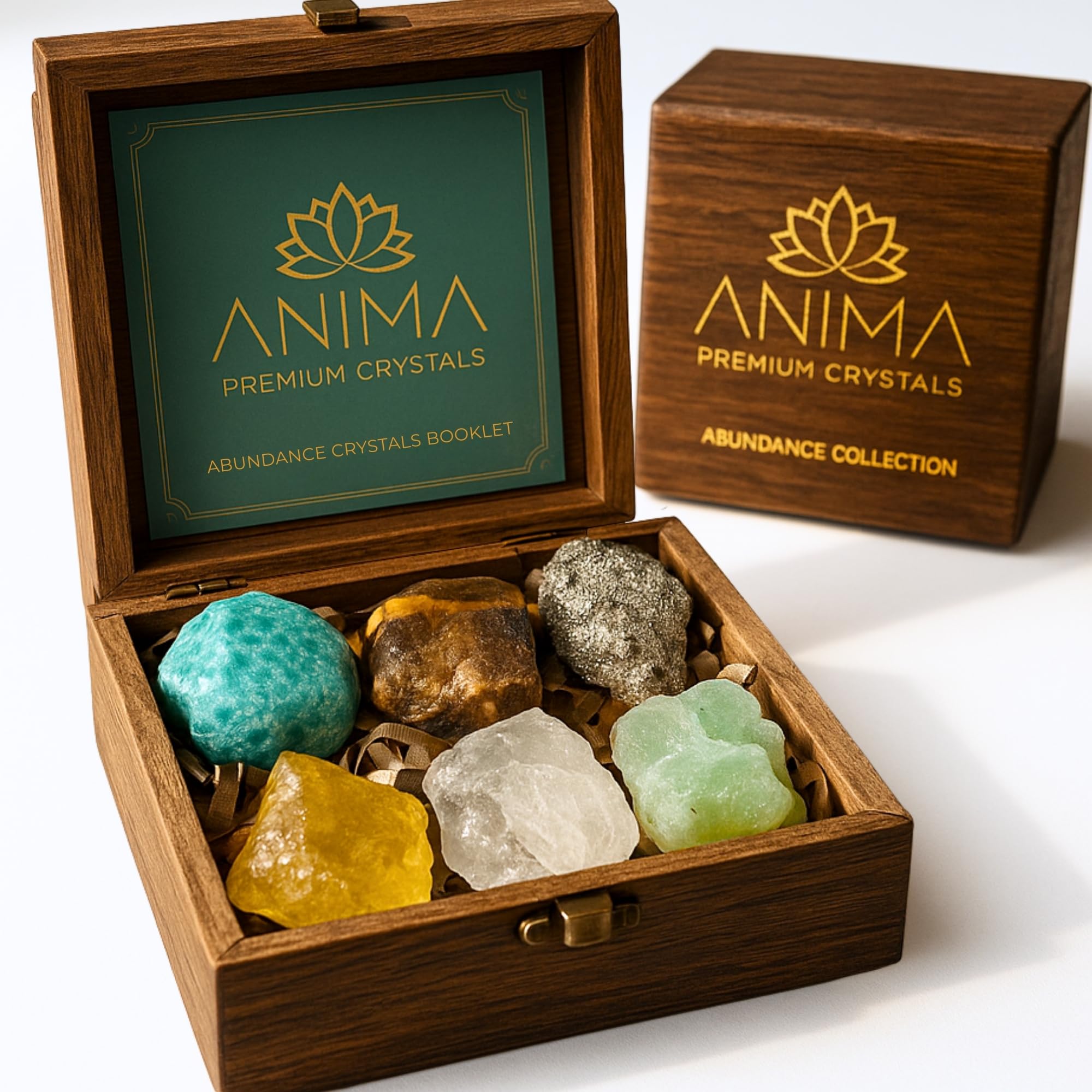 Anima Premium 7 Chakra Healing Crystals Set for Energy Alignment - Large Raw Amethyst, Rose Quartz, Citrine, Lapis Lazuli, Clear Quartz, Tigers Eye & Red Jasper - Wooden Gift Box & Guidebook Included