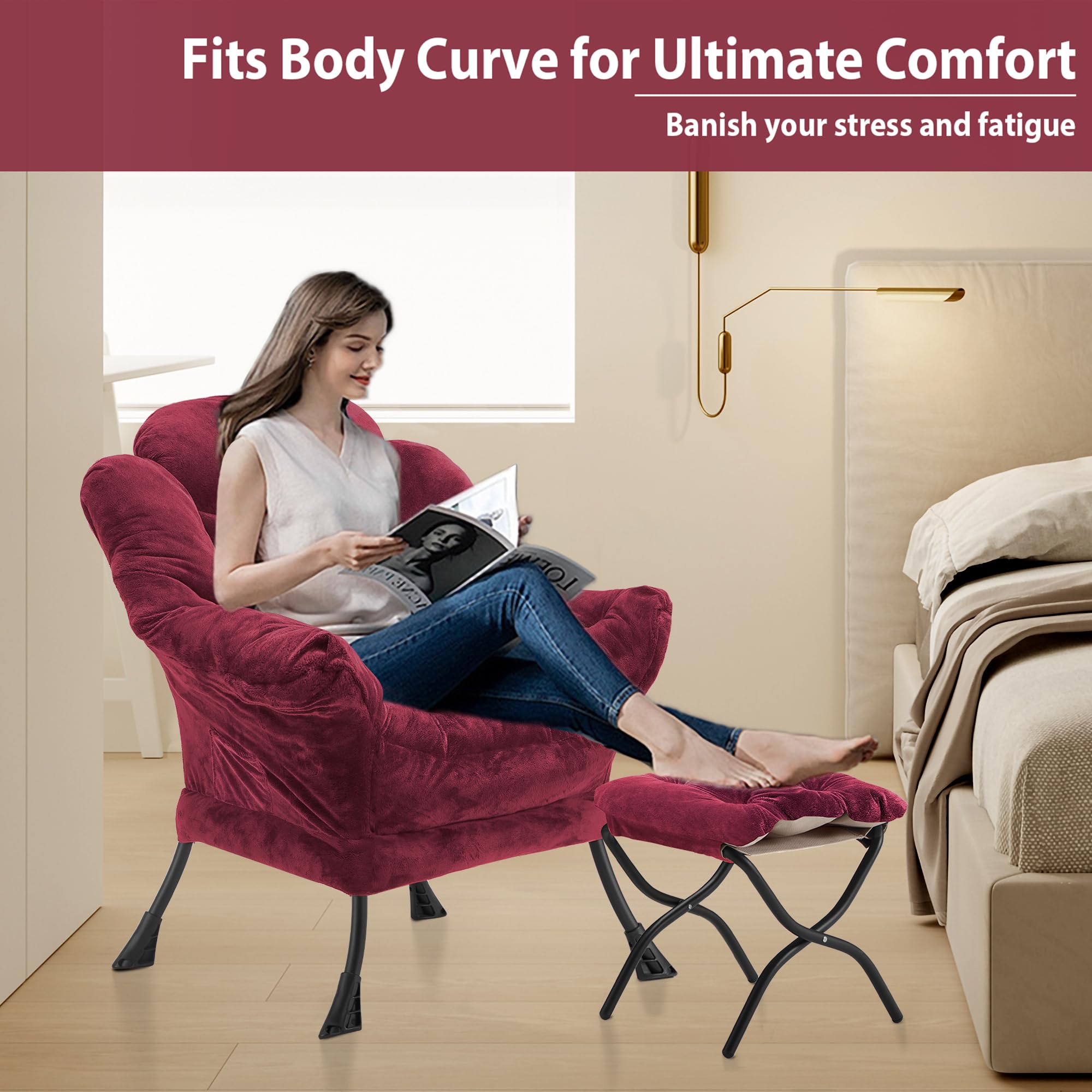 Youtanic Lazy Chair with Folding Ottoman, Accent Chair Velvet Upholstered with Metal Structure and Non-Slip Pads, Sofa Armchair with Footrest and Side Storage Bag for Dorm, Room, Office, Beige