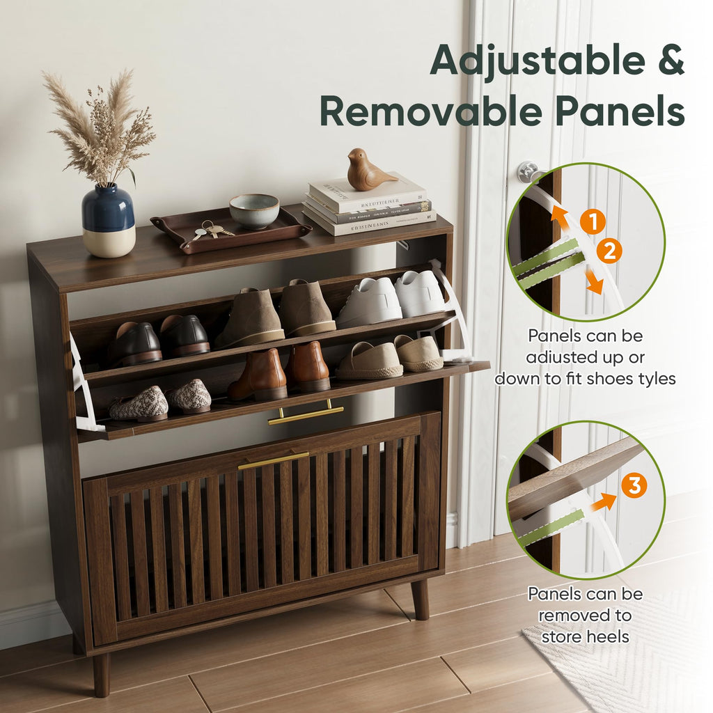 Smart FENDEE Shoe Cabinet with 2 Flip Slatted Drawers, Farmhouse Slim Shoe Organizer Rack with Golden Handles, Freestanding Hidden Entryway Storage for Hallway, Natural