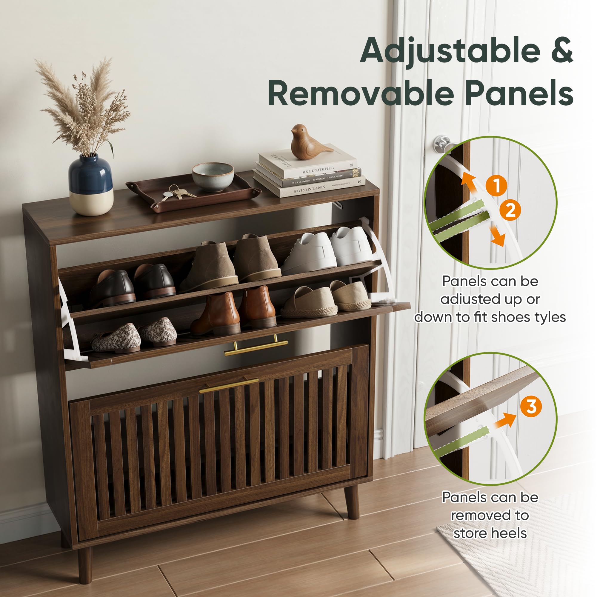 Smart FENDEE Shoe Cabinet with 2 Flip Slatted Drawers, Farmhouse Slim Shoe Organizer Rack with Golden Handles, Freestanding Hidden Entryway Storage for Hallway, Natural