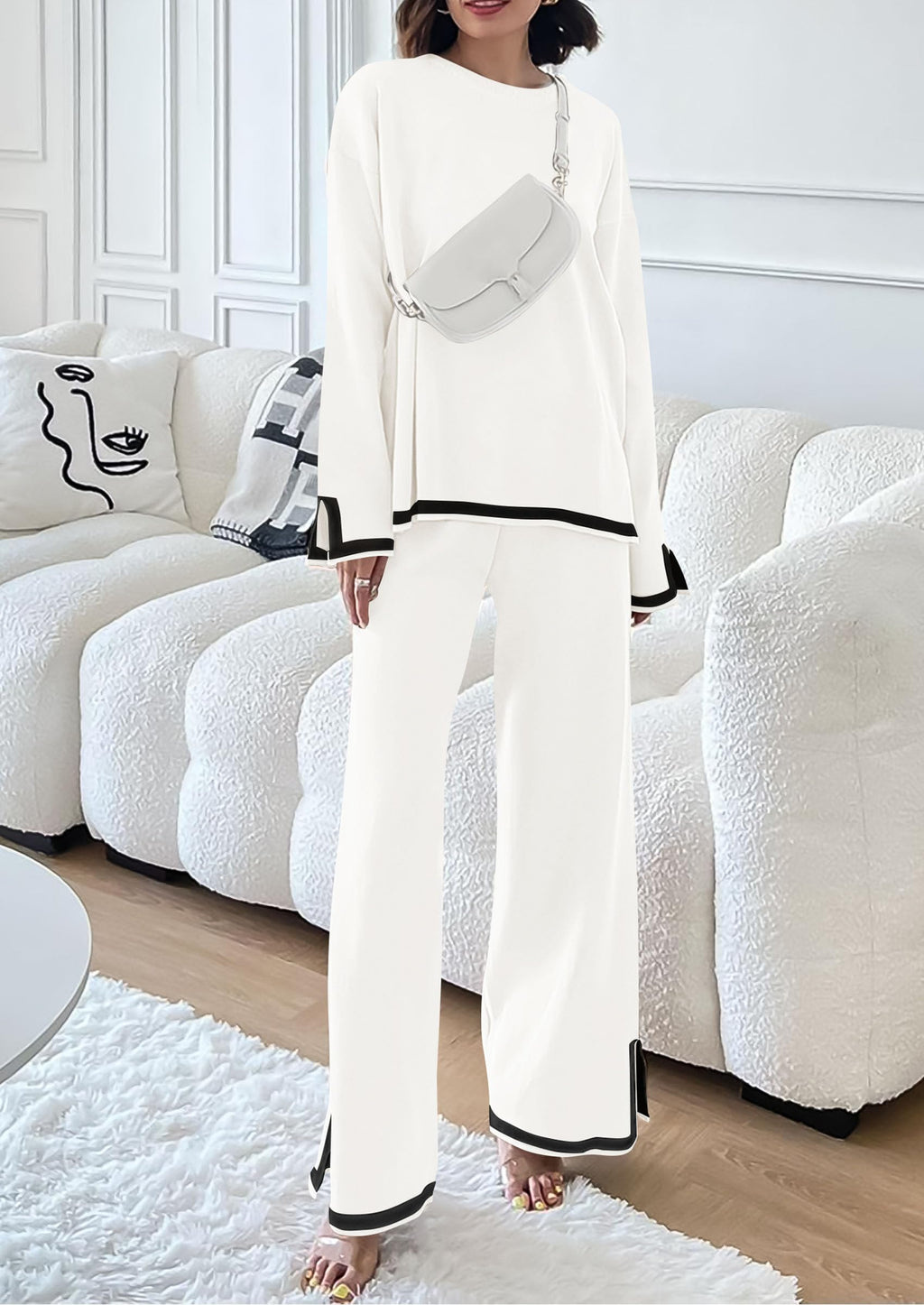 PRETTYGARDEN Women's 2 Piece Knit Sweater Set Travel Outfits | Long Sleeve Tops, Wide Leg Pants, Soft Matching Sweat Track Suits, Casual Fall Winter Clothes for Brunch, Going Out & Cruise