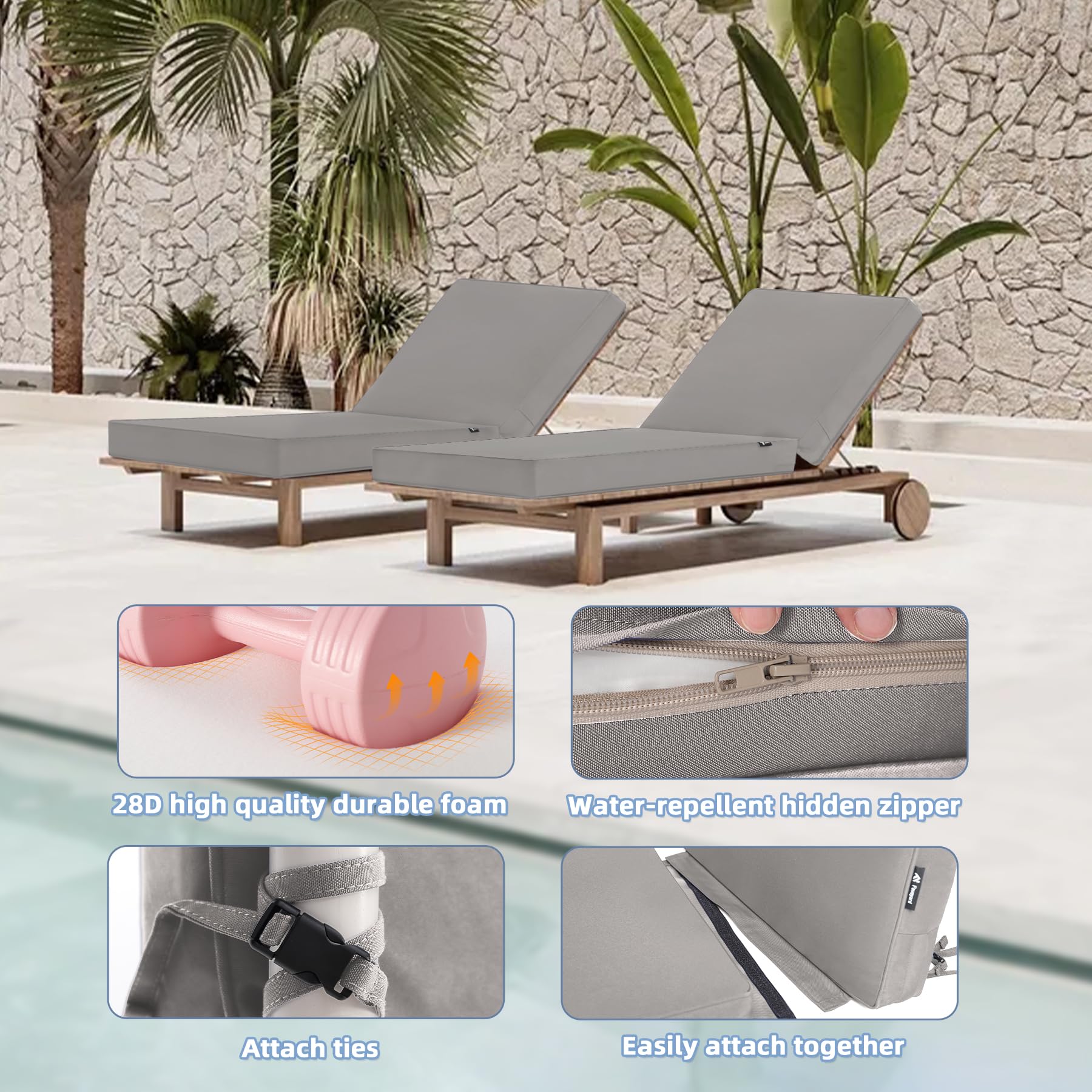 Favoyard Chaise Lounge Cushions Outdoor 72 x 21 x3 Inch Waterproof & 3-Year Fade Resistant Outdoor Lounge Chair Cushions with Removable Cover, Ties and Hidden Zipper for Patio Pool Lounge Chairs