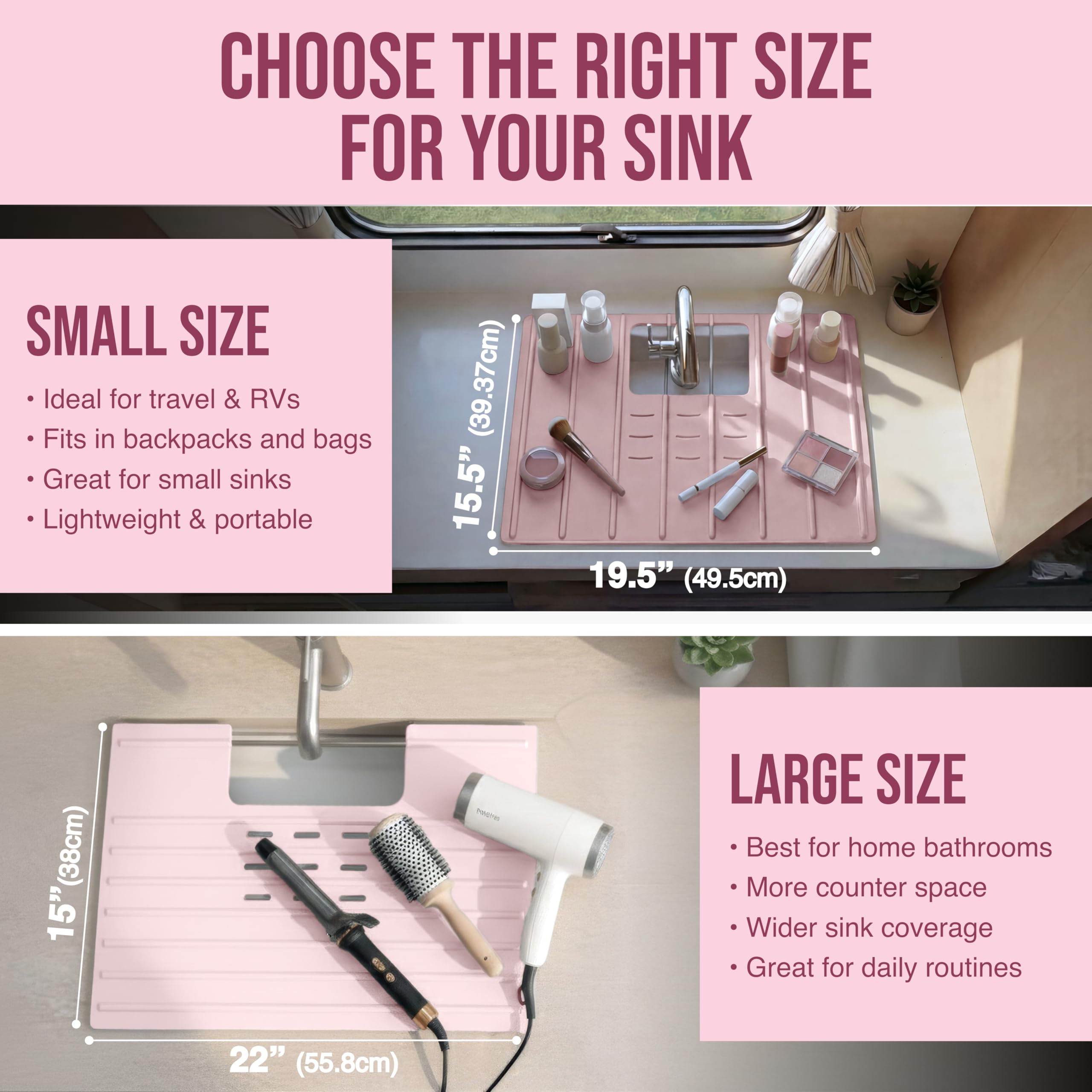 Maplefield Bathroom Sink Cover for Counter Space, Heat Resistant Silicone Sink Mat for Your Beauty Routine, Small Bathroom Space Saver Sink Cover for Makeup (Beige Large, 22" x 15" x 2" Inches)