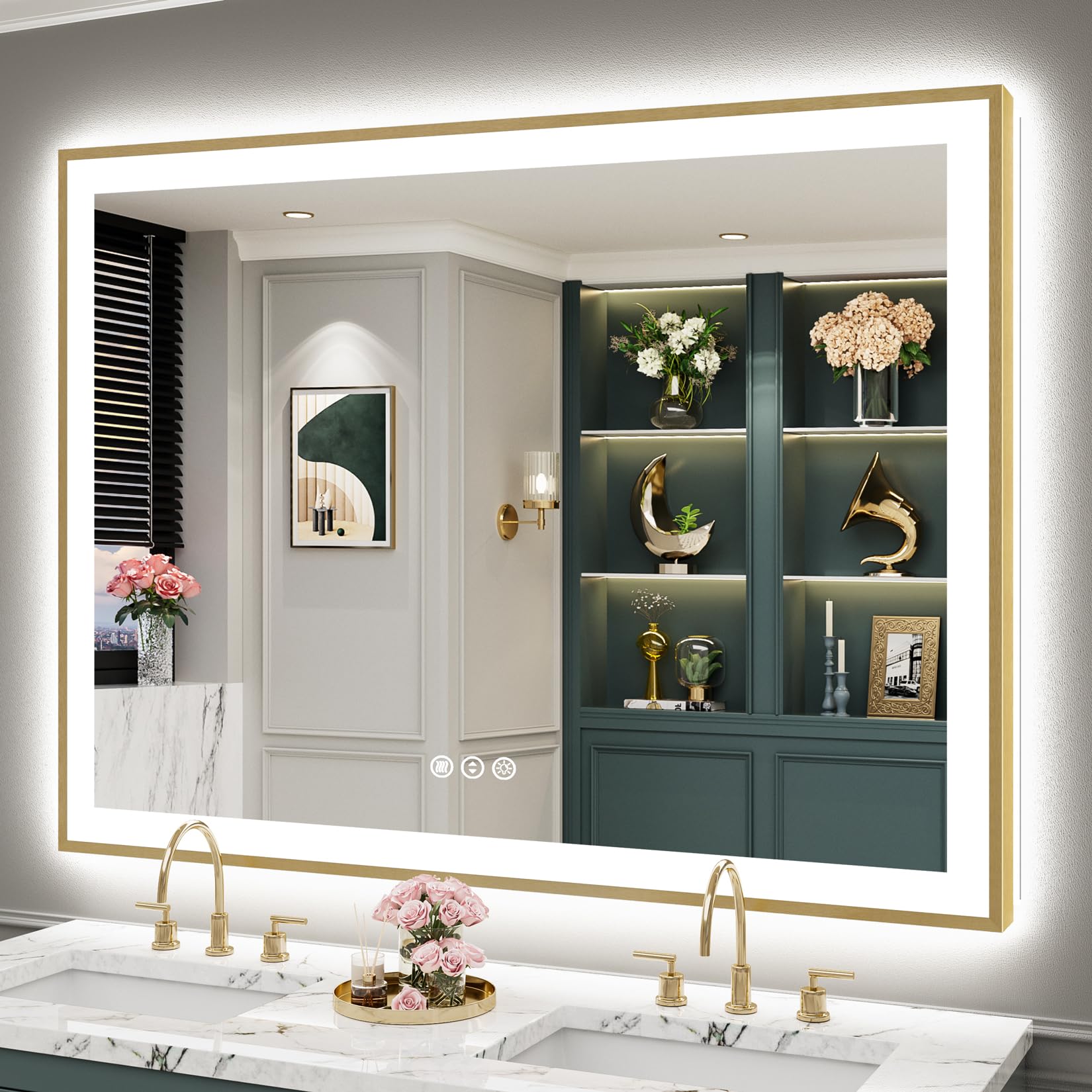 24x36 Gold Beveled LED Bathroom Mirror with Lights, Brushed Gold Framed Backlit and Front Lit Anti-Fog Lighted Vanity Mirrors for Bathroom Wall, Dimmable, 3 Colors, Memory, HD Tempered Glass