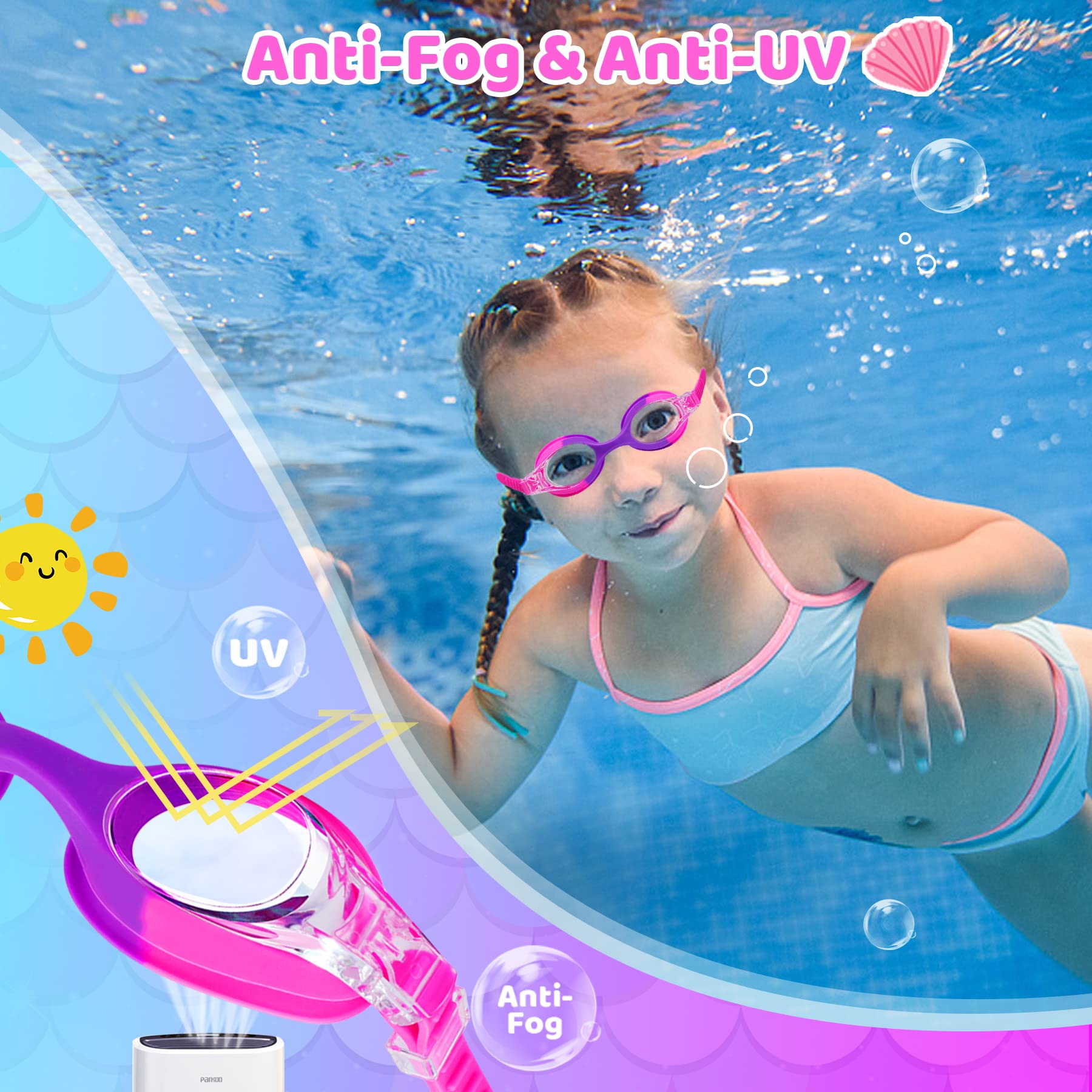 Vvinca Kids Swim Goggles with Fabric Strap No Tangle Pain-Free, Anti-Fog Swimming Pool Goggle No Leak for Toddlers Girls Boys