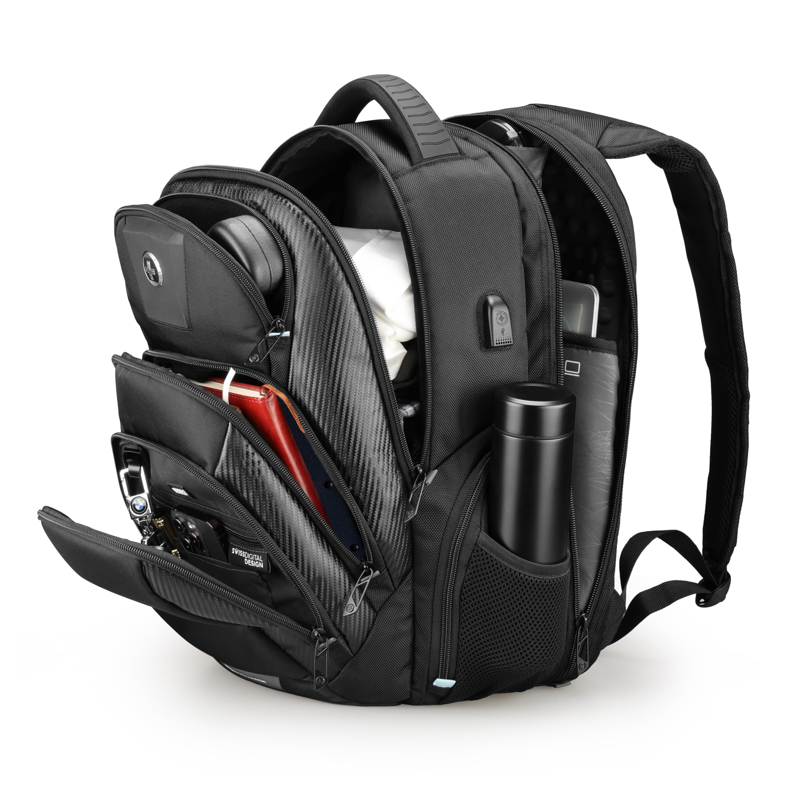 Swissdigital Design Travel Backpack for Women or Men, TSA Friendly USB Charging RFID Protection Business Carry on Bag Fits 15.6" Laptop Backpack Black | J14-BR