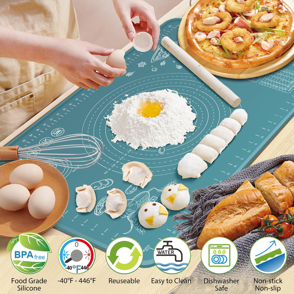 Silicone Baking Mat 24" x 16" Extra Thick Non-stick Pastry Mat with Measurements and Edge Heightening, Food Grade Silicone for Countertop Dough Rolling Making Bread, Cookies, Pizza, Fondant, Pasta