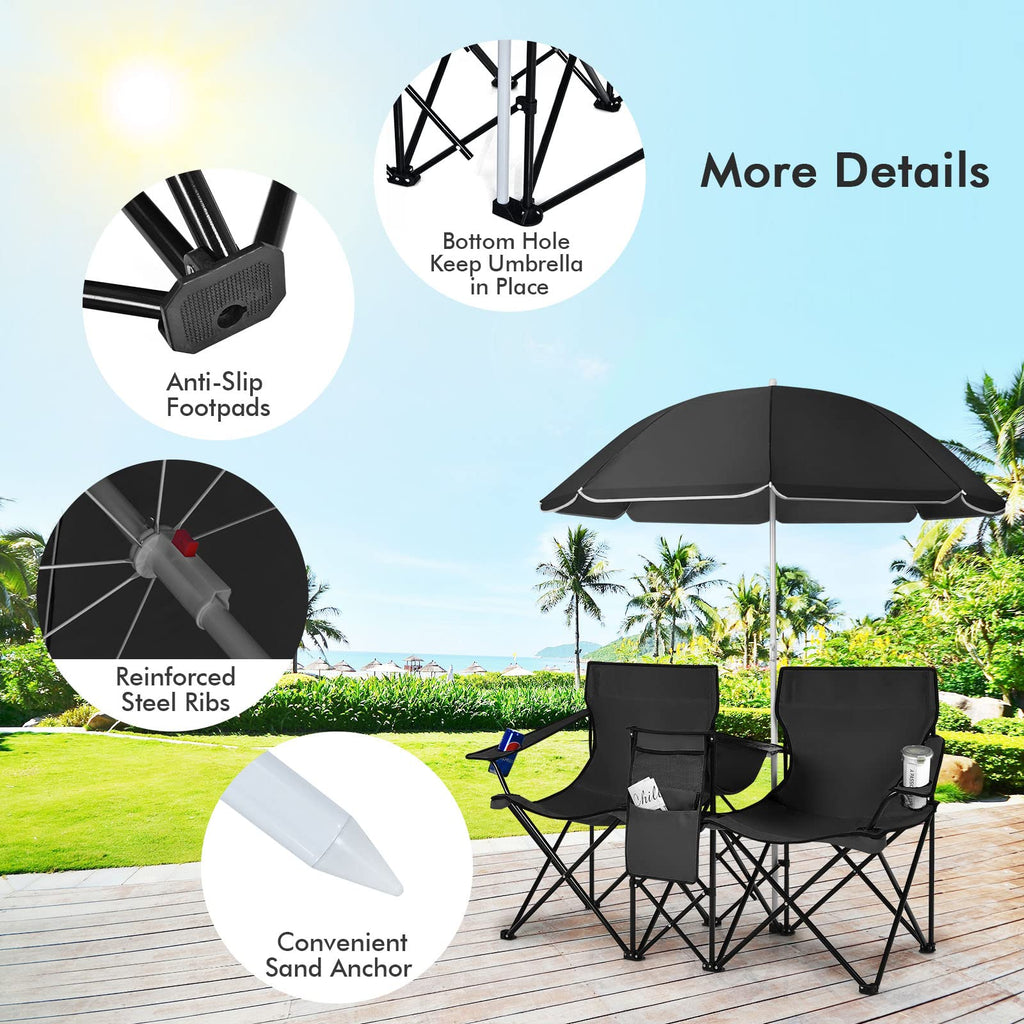 COSTWAY Double Portable Picnic Chairs, Folding Camping Chairs w/Detachable Umbrella, Cooler Bag, Cup Holders, Patio Beach Camping Chairs for Outdoors