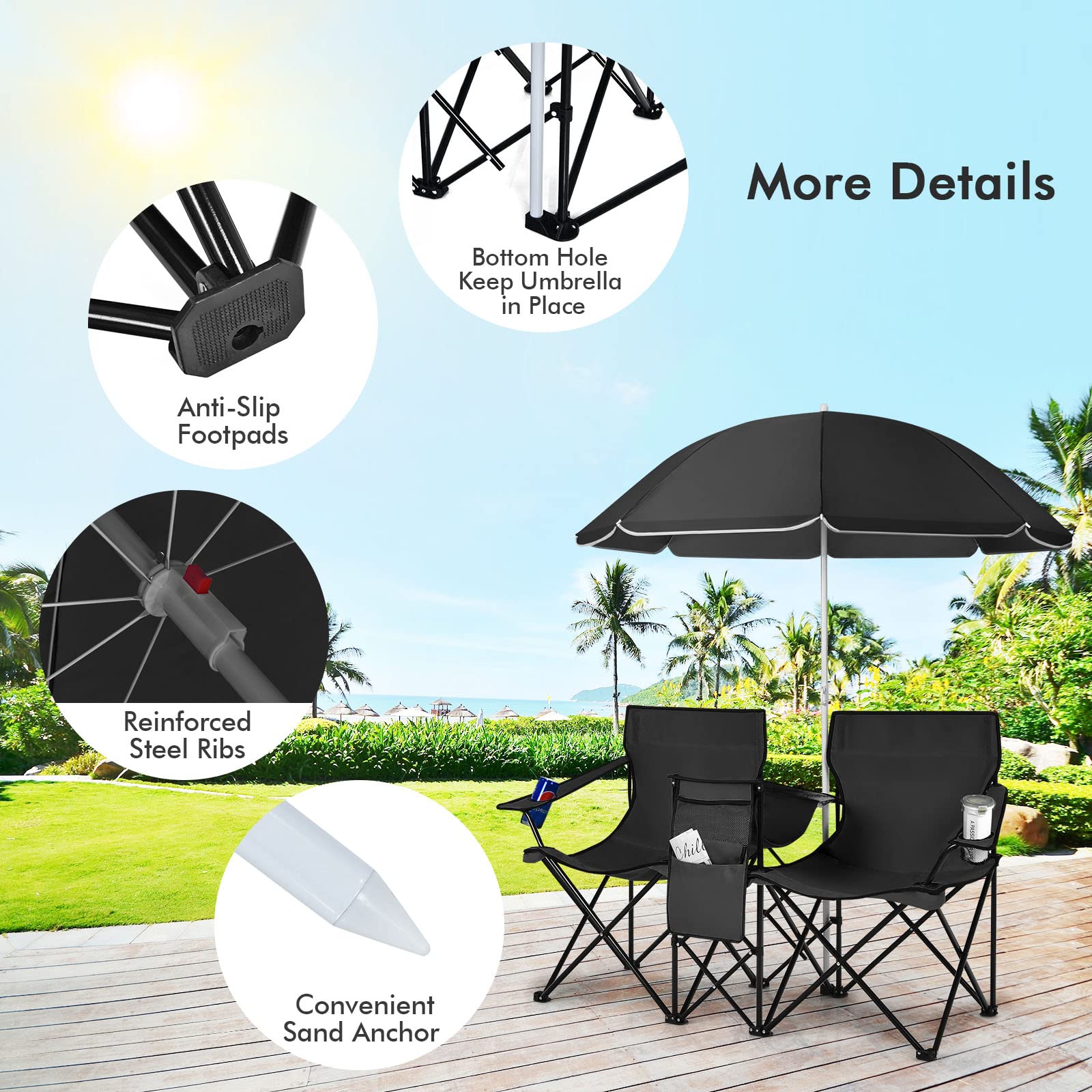 COSTWAY Double Portable Picnic Chairs, Folding Camping Chairs w/Detachable Umbrella, Cooler Bag, Cup Holders, Patio Beach Camping Chairs for Outdoors