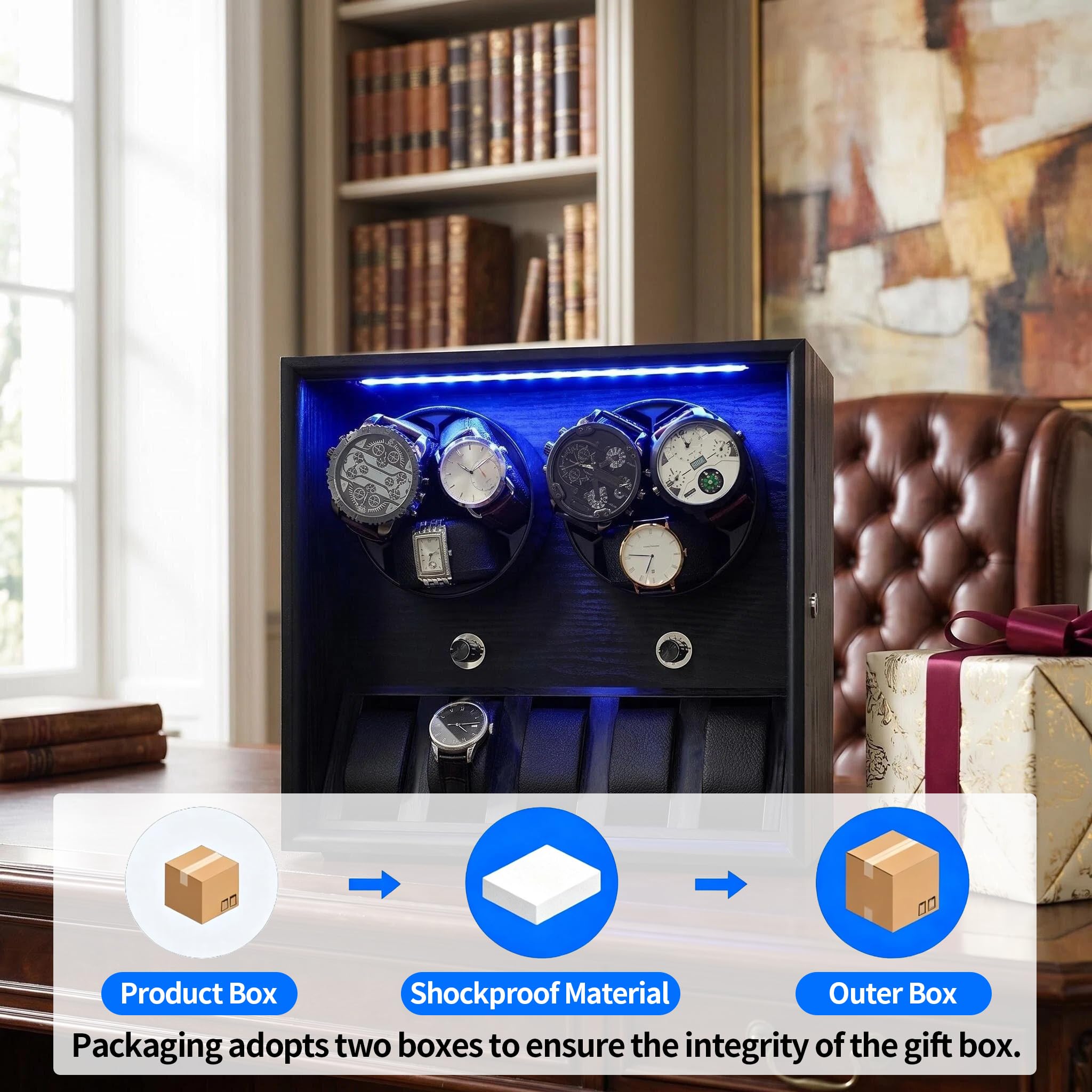 Oryx Watch Winder for 4/6/9 Automatic Watches, Rotating Watch Box 5 Rotation Modes Setting Display Case with Extra Watch Storages and LED Light, Lockable Winders USB Powered Super Quiet Mabuchi Motor