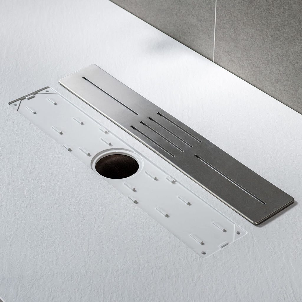 WOODBRIDGE 47.25 in L x 31.5 in W Zero Threshold Shower Base with Center Drain, Decorative Drain Plate, Tile Flange, Wheelchair Access, Low Profile, Black