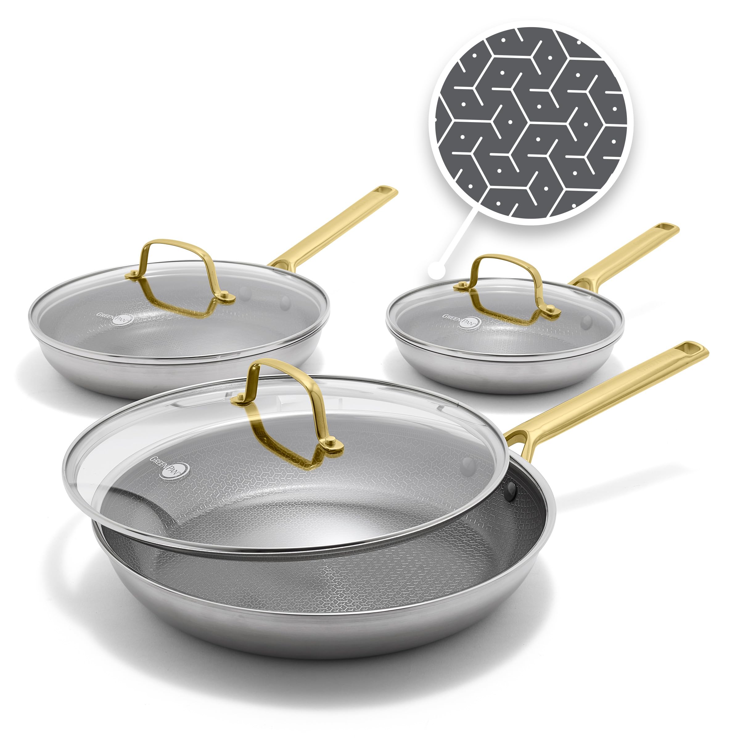 GreenPan Hybrid 9.5” & 11” Nonstick Stainless Steel Frying Pan Set, APEX Tri-Ply Thermobond PFAS-Free Ceramic Skillets, Induction & All Cooktop Compatible, Oven Temp to 850°F, Dishwasher Safe, Gold