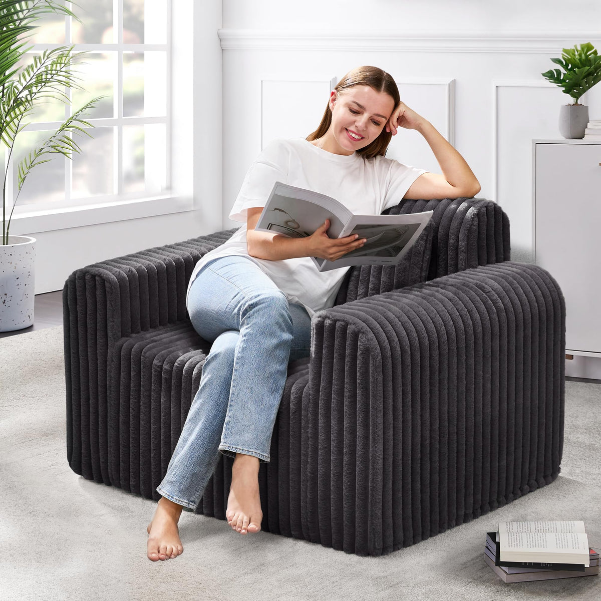 Hobestluk Single Sofa Foam Couch Sofa for Small Spaces Comfy Sofas with Removable Cover Furry Couch with Pillows for Living Room, Bedroom, Apartment, Office (Black, Standard)