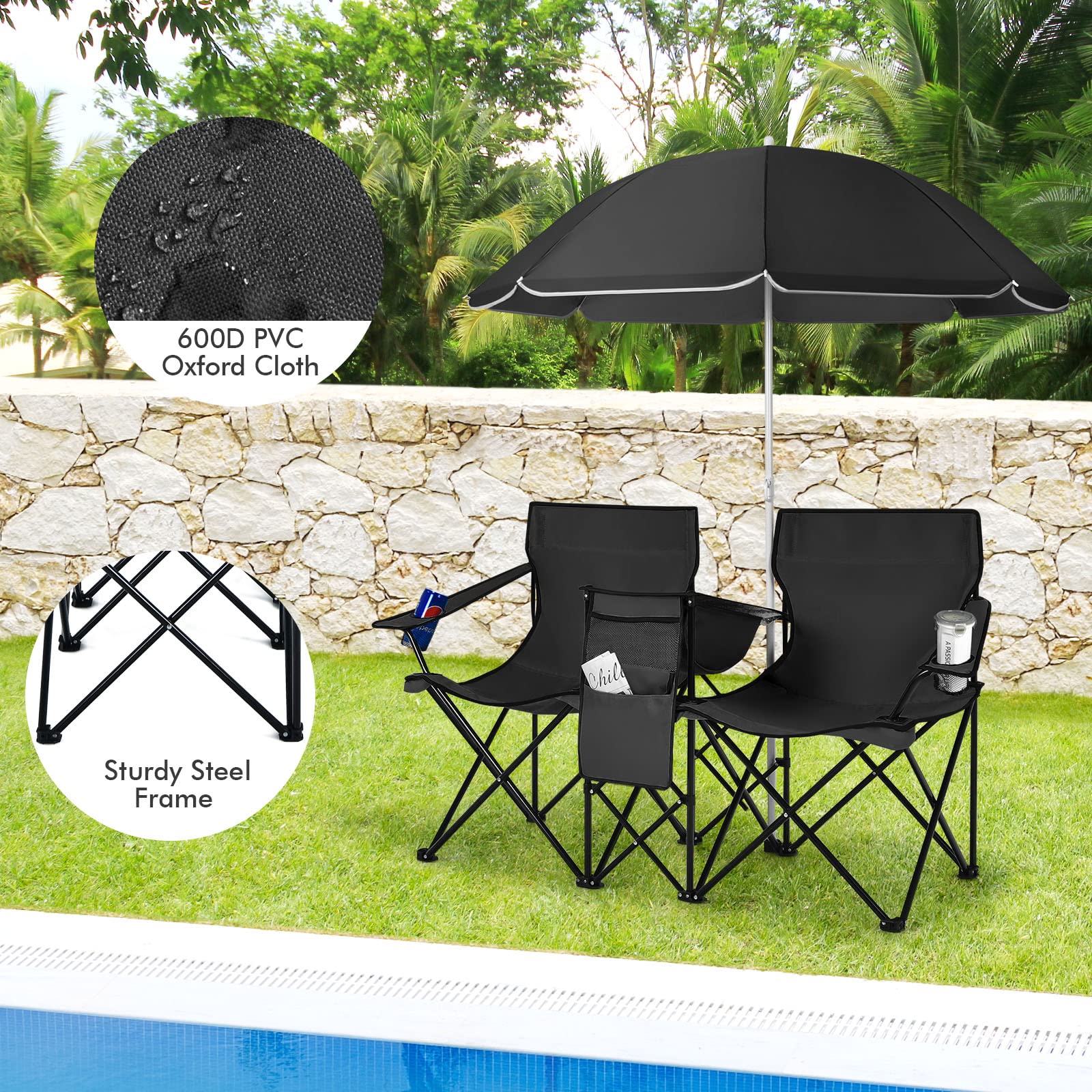 COSTWAY Double Portable Picnic Chairs, Folding Camping Chairs w/Detachable Umbrella, Cooler Bag, Cup Holders, Patio Beach Camping Chairs for Outdoors