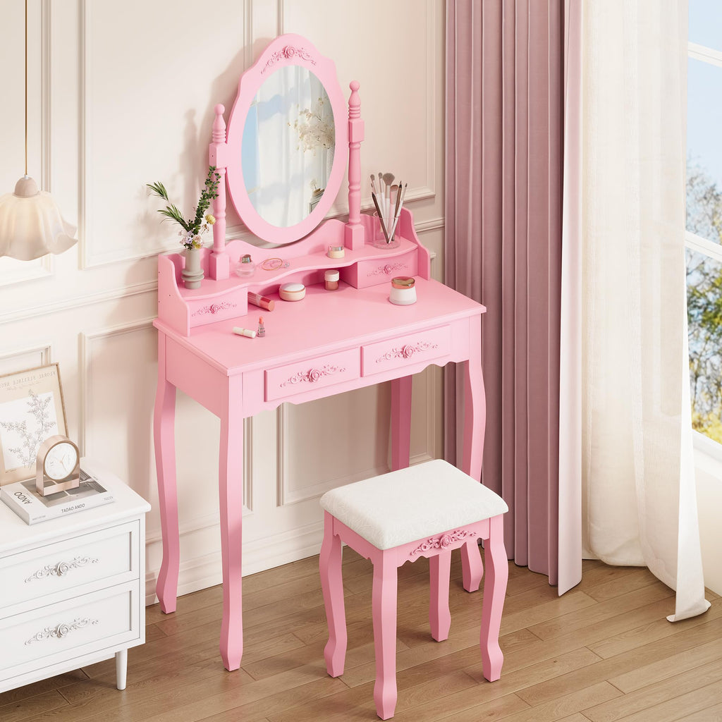 Alohappy Vanity Desk Set with Mirror & Stool for Girls, Makeup Vanity Table and Cushioned Stool Set with 4 Drawers, Wood Dressing Table for Bedroom (Pink)