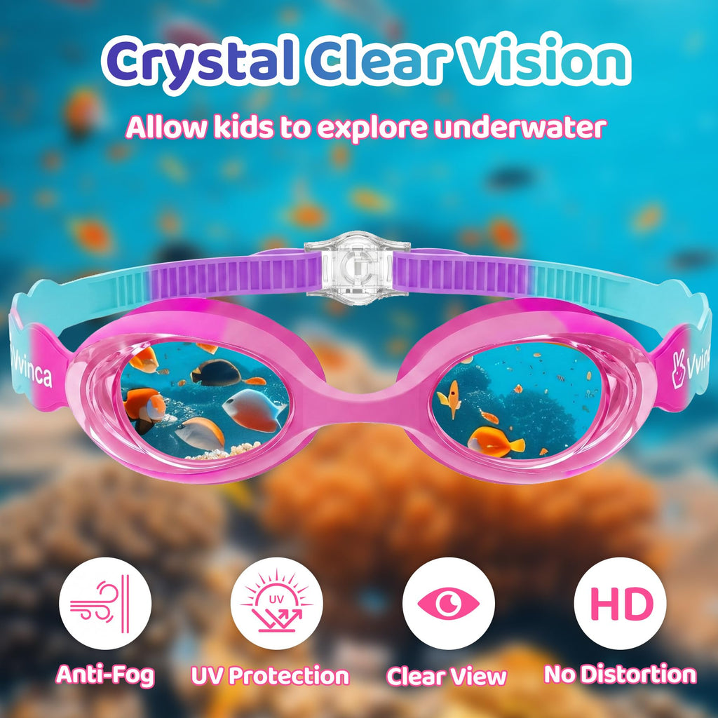 Vvinca Kids Swim Goggles with Fabric Strap No Tangle Pain-Free, Anti-Fog Swimming Pool Goggle No Leak for Toddlers Girls Boys