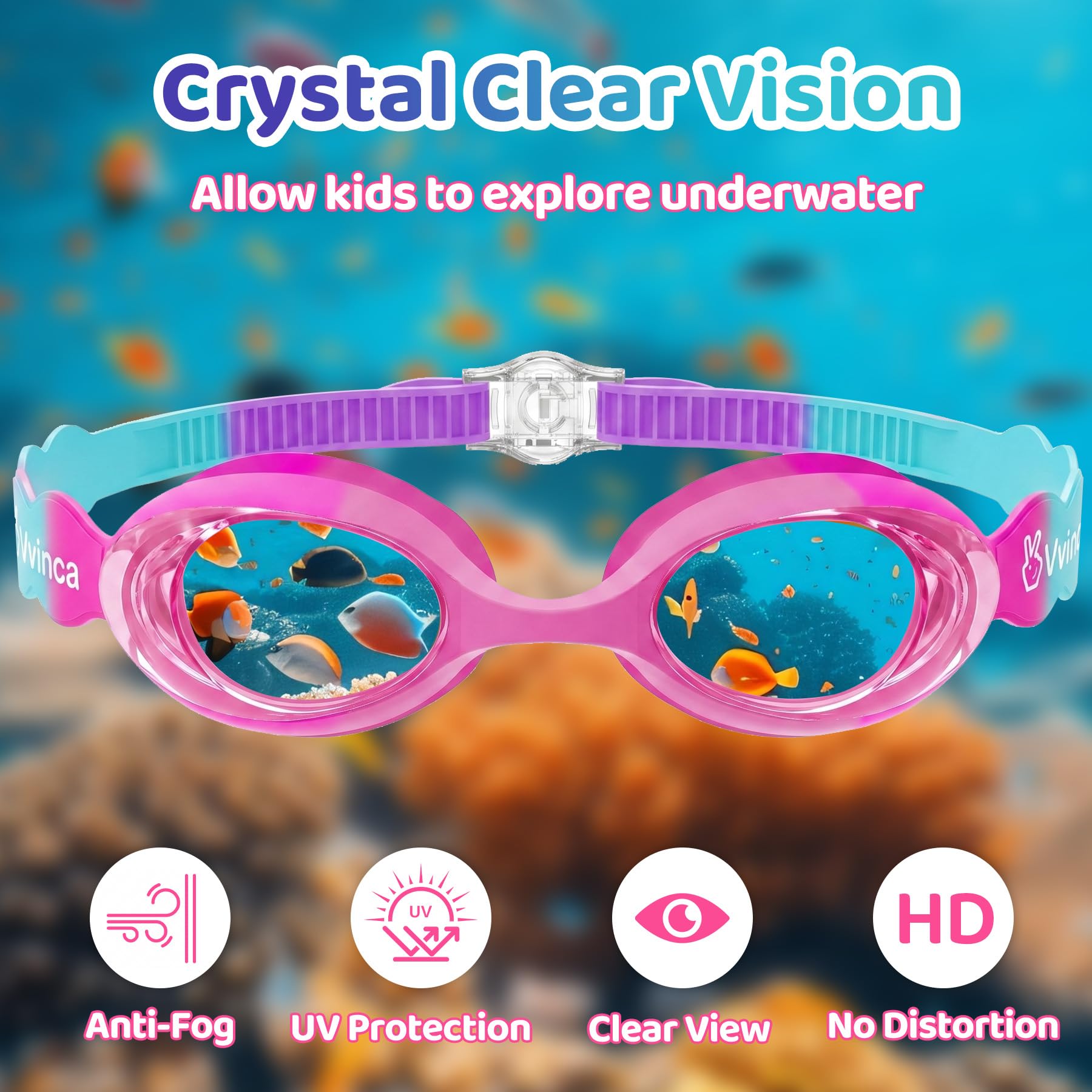 Vvinca Kids Swim Goggles with Fabric Strap No Tangle Pain-Free, Anti-Fog Swimming Pool Goggle No Leak for Toddlers Girls Boys