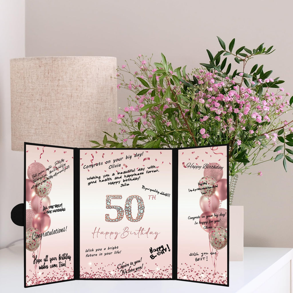 DARUNAXY Rose Gold 50th Birthday Party Decorations for Women, Happy 50th Birthday Alternative Signature Guest Book Black Pink 50 Birthday Signing Card Board Party Supplies Cheers to 50 Years Old Gift
