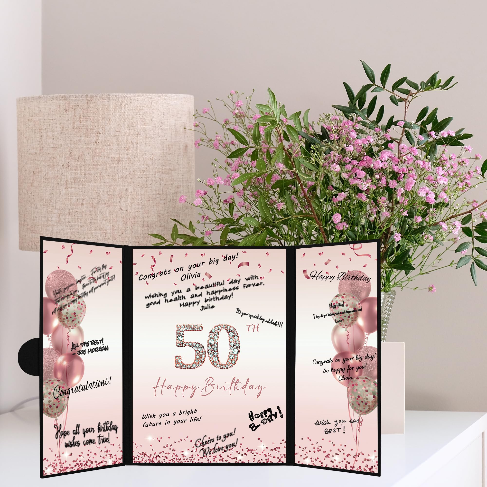 DARUNAXY Rose Gold 50th Birthday Party Decorations for Women, Happy 50th Birthday Alternative Signature Guest Book Black Pink 50 Birthday Signing Card Board Party Supplies Cheers to 50 Years Old Gift