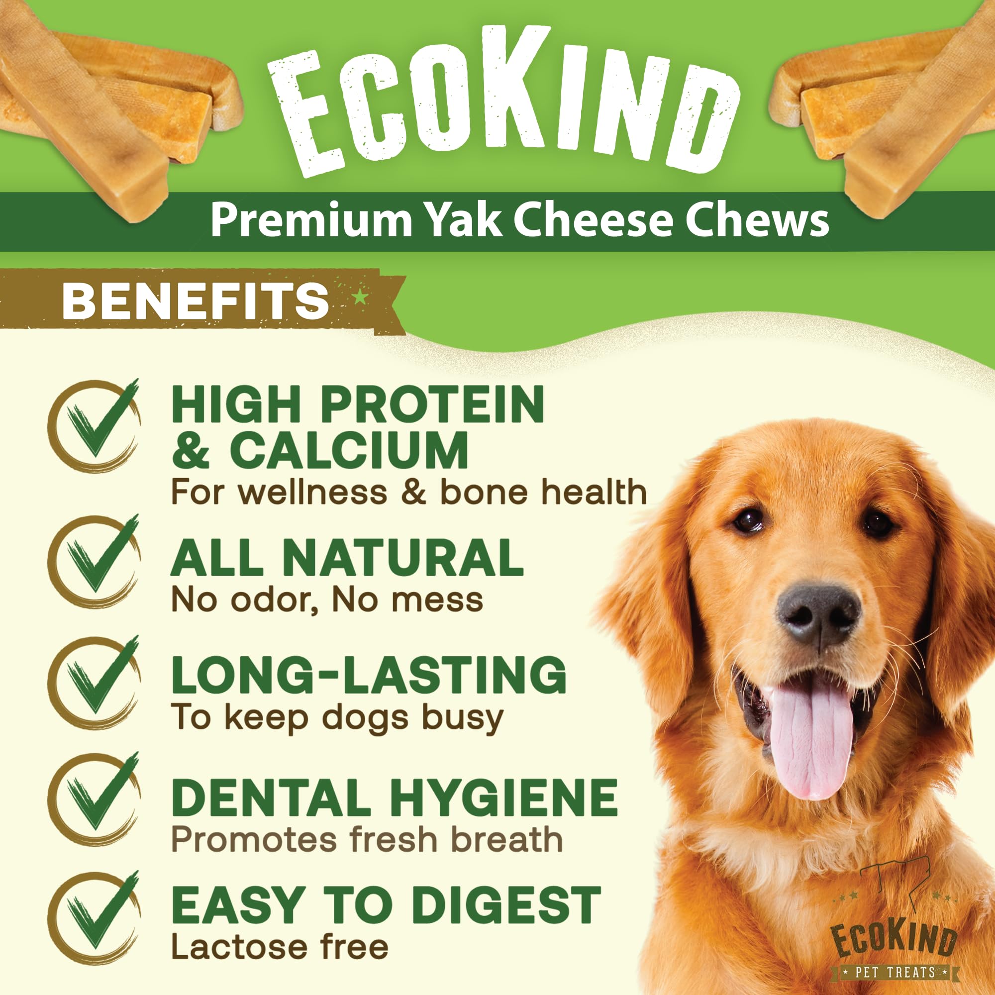 EcoKind Yak Cheese Himalayan Dog Chews, Yak Chews for Small Dogs, Long Lasting Bone for Aggressive Chewers, Only 3 Ingredients, Natural High Protein Treat, No Additives, Lactose Free, Small - 16 Chews