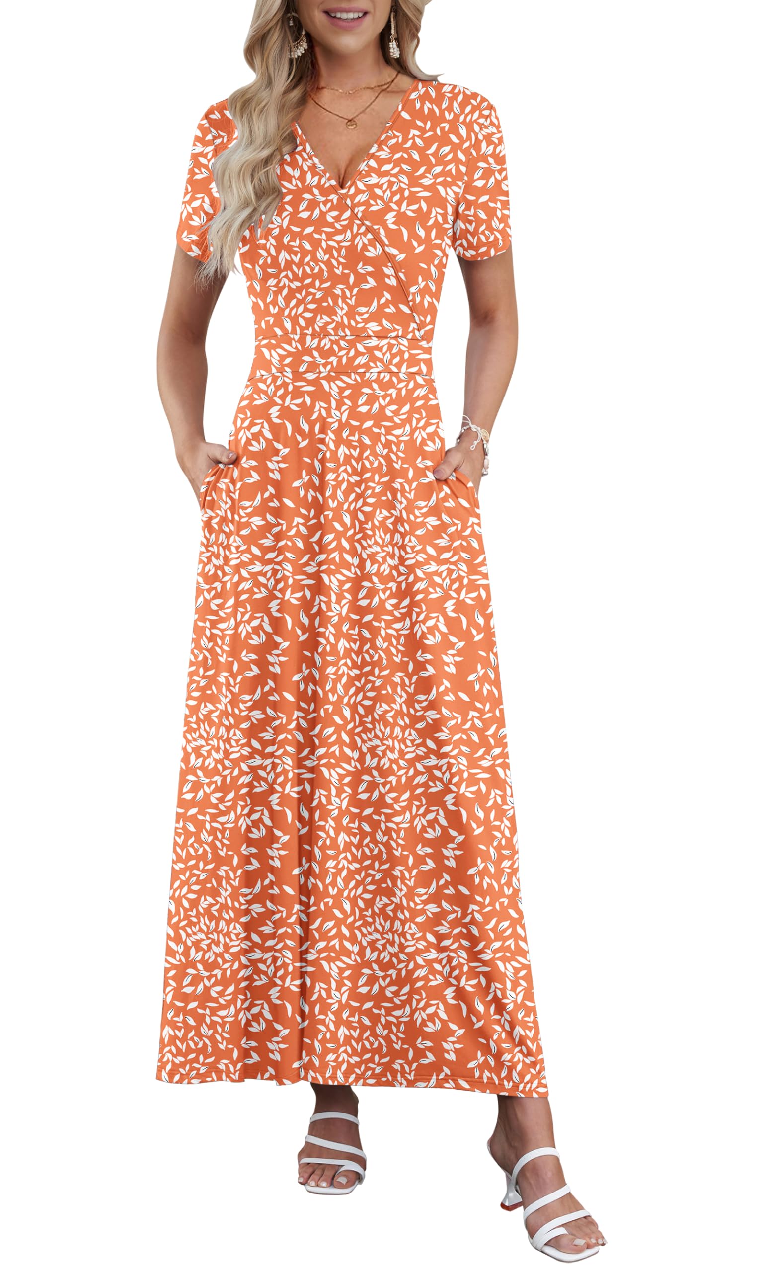 AUSELILY Maxi Dresses for Women Ankle Length Floral Print Beach Long Flowy Dress with Pockets