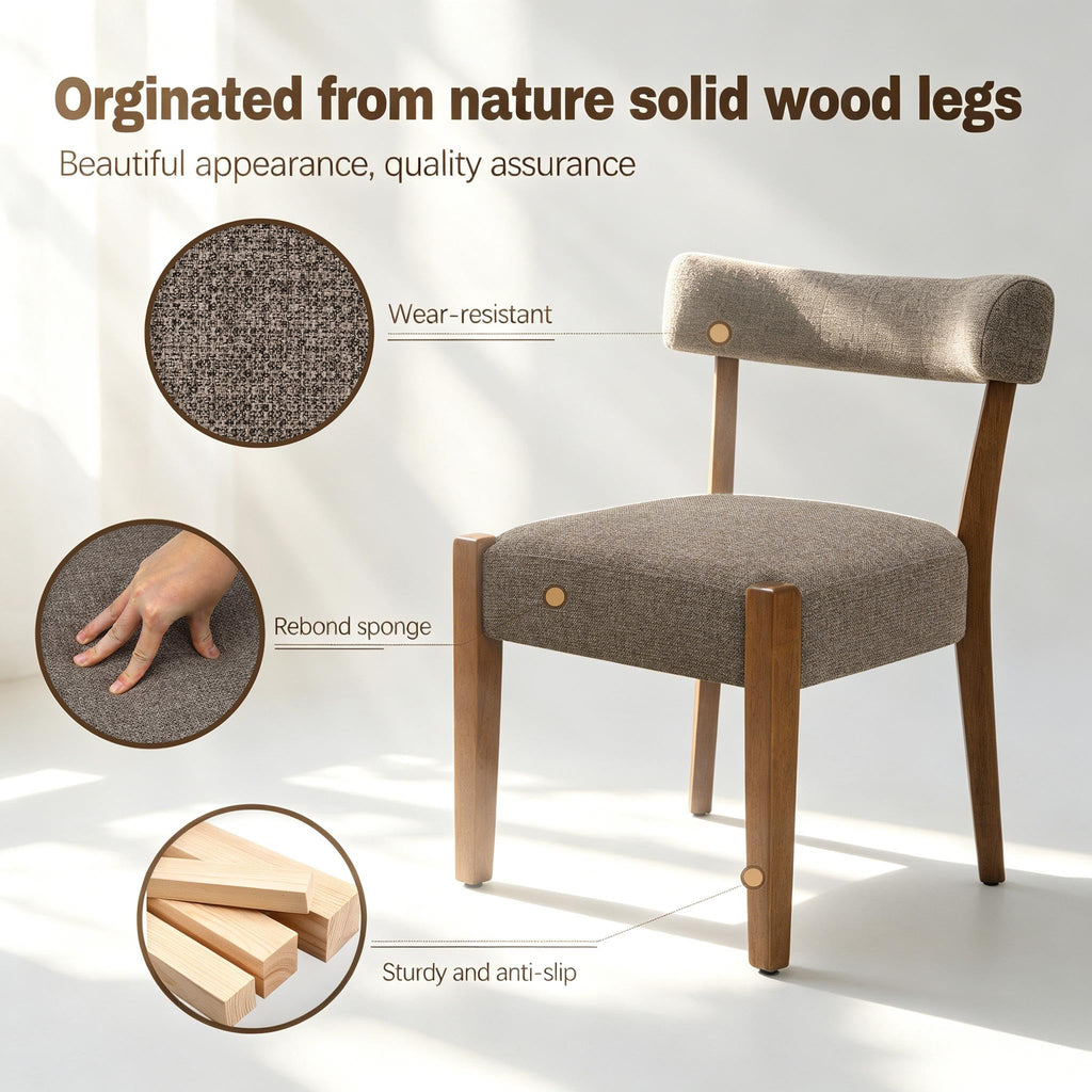 RNKSFX Upholstered Dining Chairs Set of 2, Walnut Wooden Kitchen & Dining Room Chairs, Mid Century Modern Fabric Farmhouse Dining Chairs Oversized Sturdy Rounded Chairs Curved Back, Beige Fabric