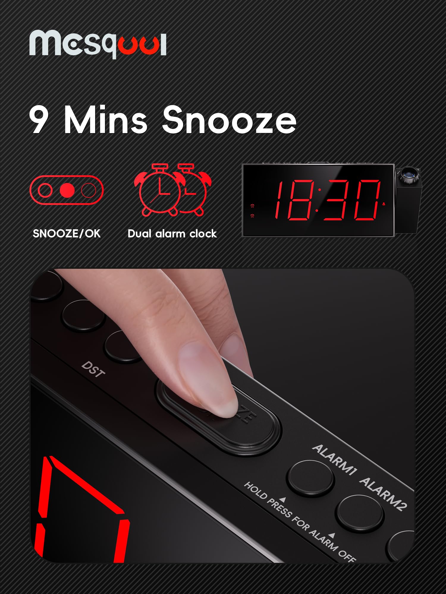 Digital Projection Alarm Clocks for Bedrooms - Large LED Display, 180° Rotatable Projector, 5-Level Dimmer,USB Charger,Battery Backup,Loud Dual Alarms for Kids Elderly,Heavy Sleepers,Snooze,12/24H,DST