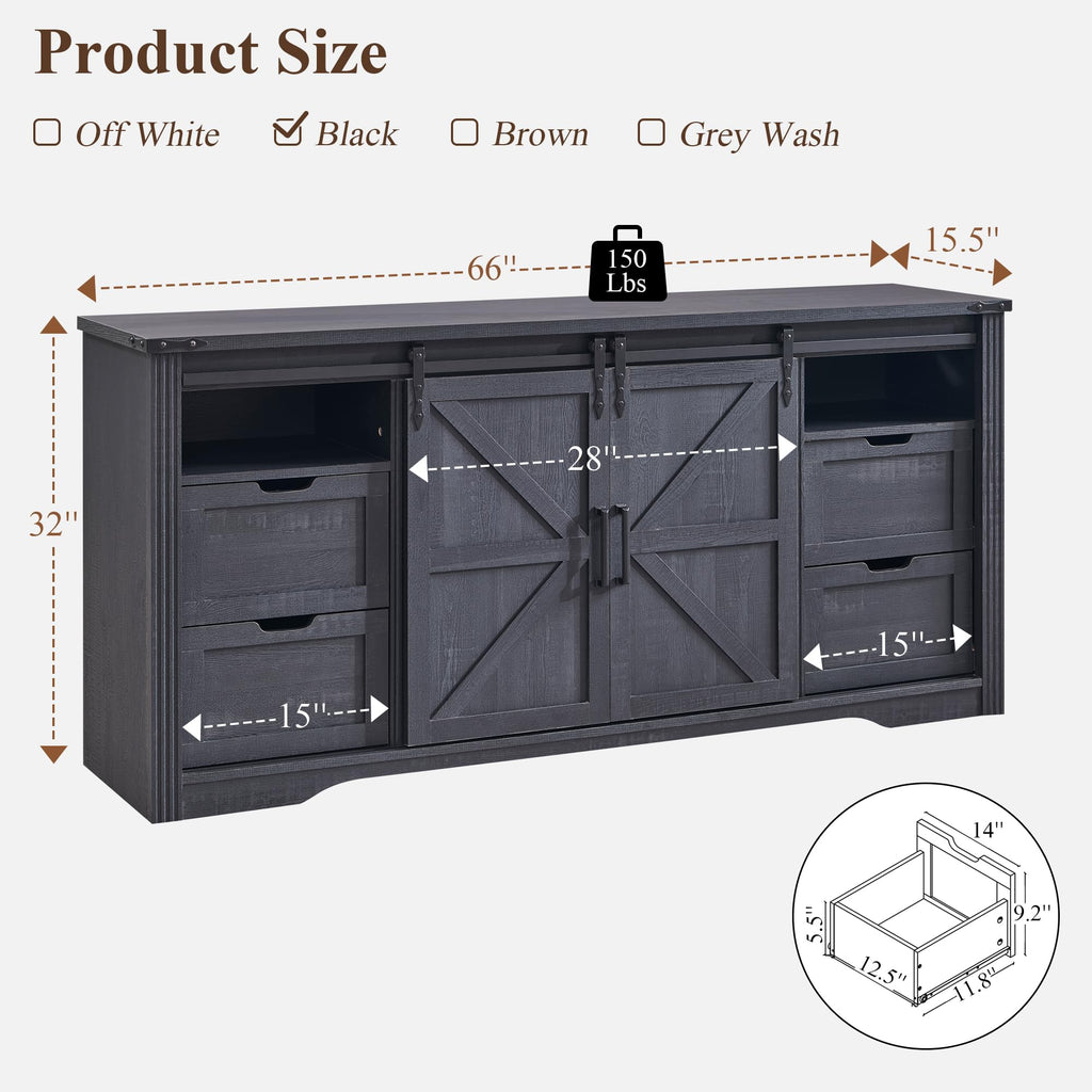 JXQTLINGMU Farmhouse TV Stand for 75+ Inch TV, 32" Tall Entertainment Center w/4 Drawers & Sliding Barn Door, Rustic Media Console w/Storage Shelves, 66" Wood Television Stand for Living Room, Black