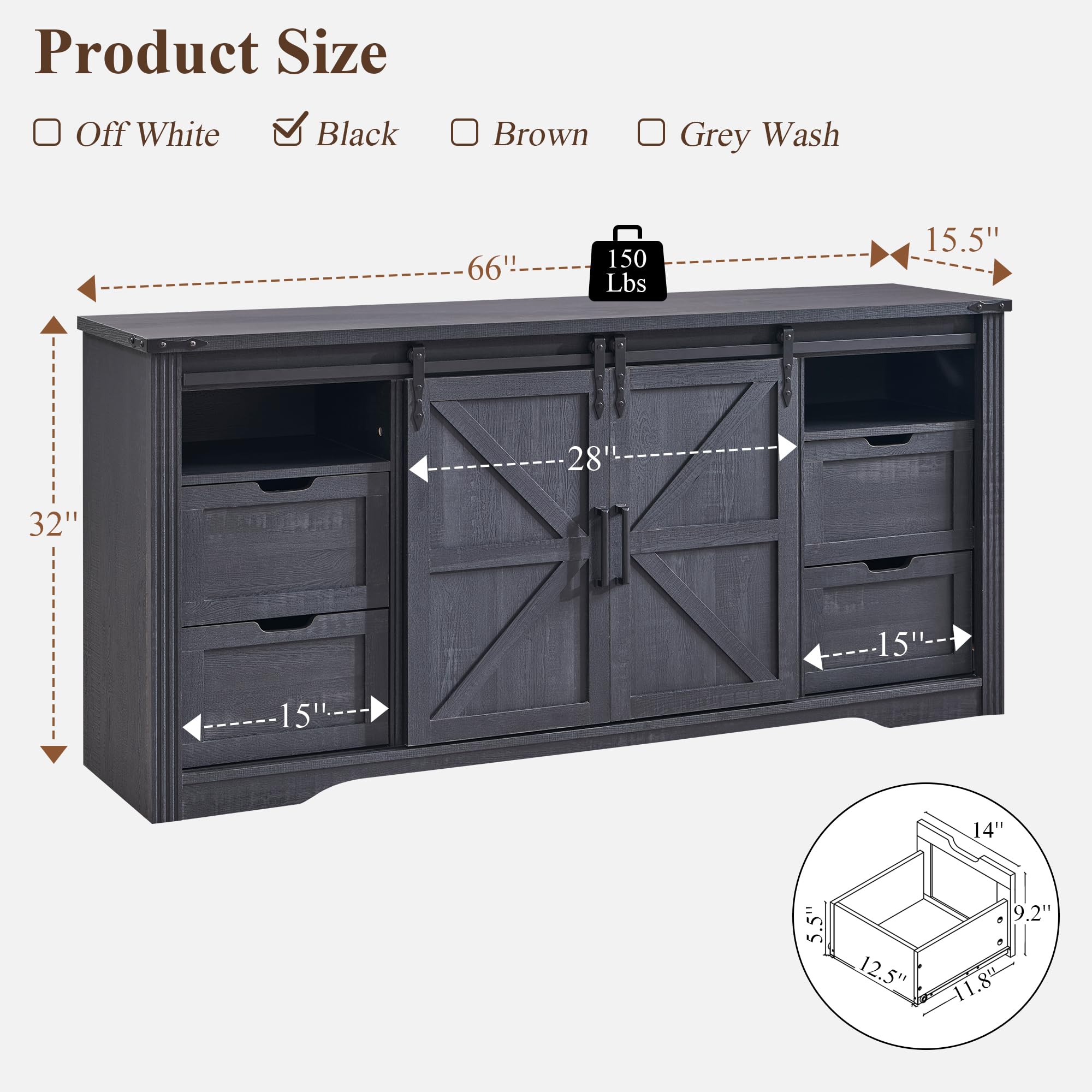 JXQTLINGMU Farmhouse TV Stand for 75+ Inch TV, 32" Tall Entertainment Center w/4 Drawers & Sliding Barn Door, Rustic Media Console w/Storage Shelves, 66" Wood Television Stand for Living Room, Black