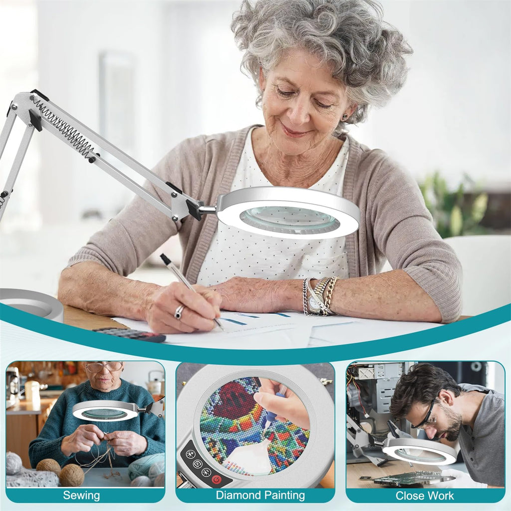 12X Magnifying Glass with Light and Stand, Real Glass, 5 Color Modes, Brightness Stepless Dimmable Lighted Magnifier Hands Free, 2-in-1 Desk Lamp & Clamp Light, Magnifier Lamp for Close Work, Reading